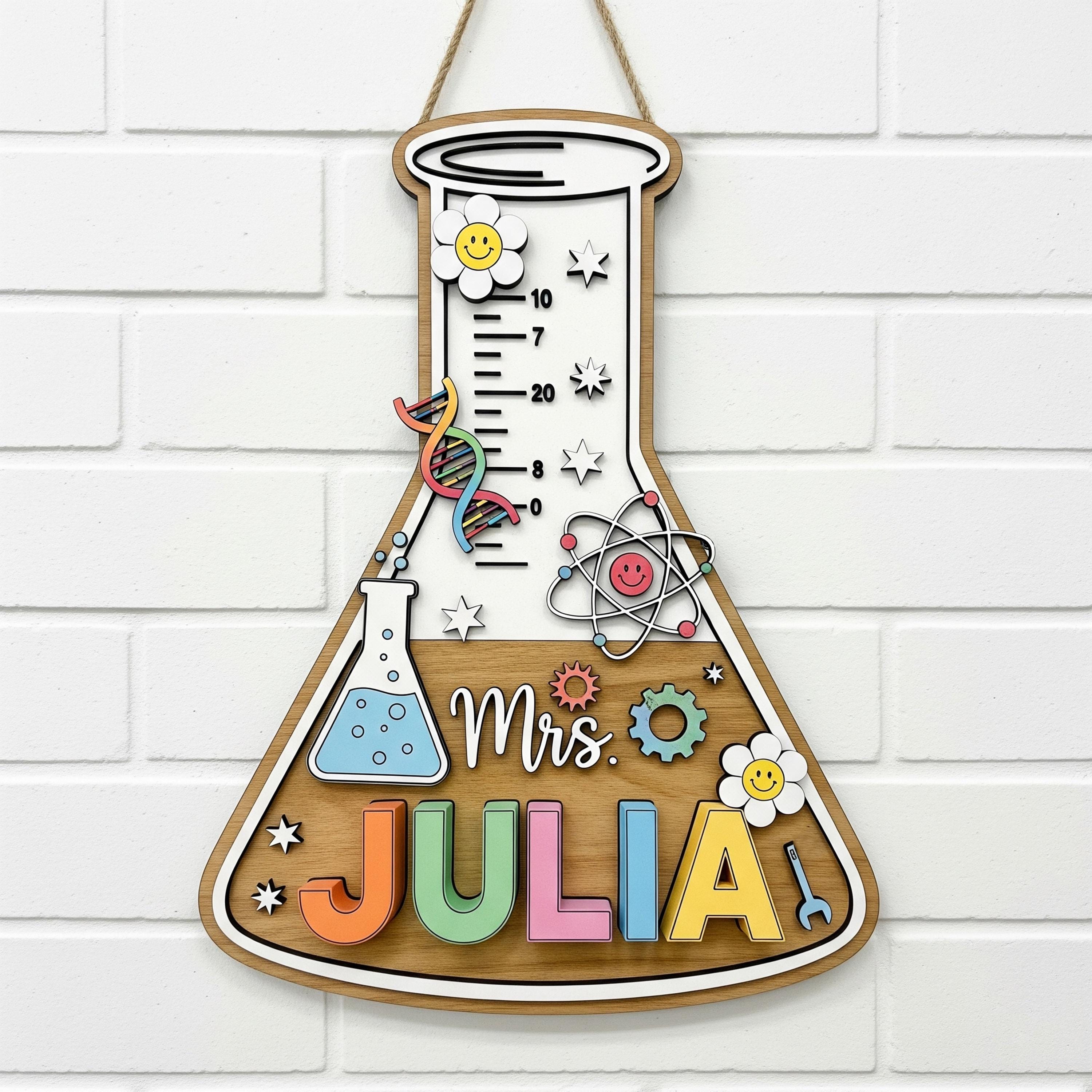 Science Teacher Name Sign – Personalized Beaker Wall Decor – Wooden 2 Layer Classroom Sign – Custom STEM Gift for Teachers