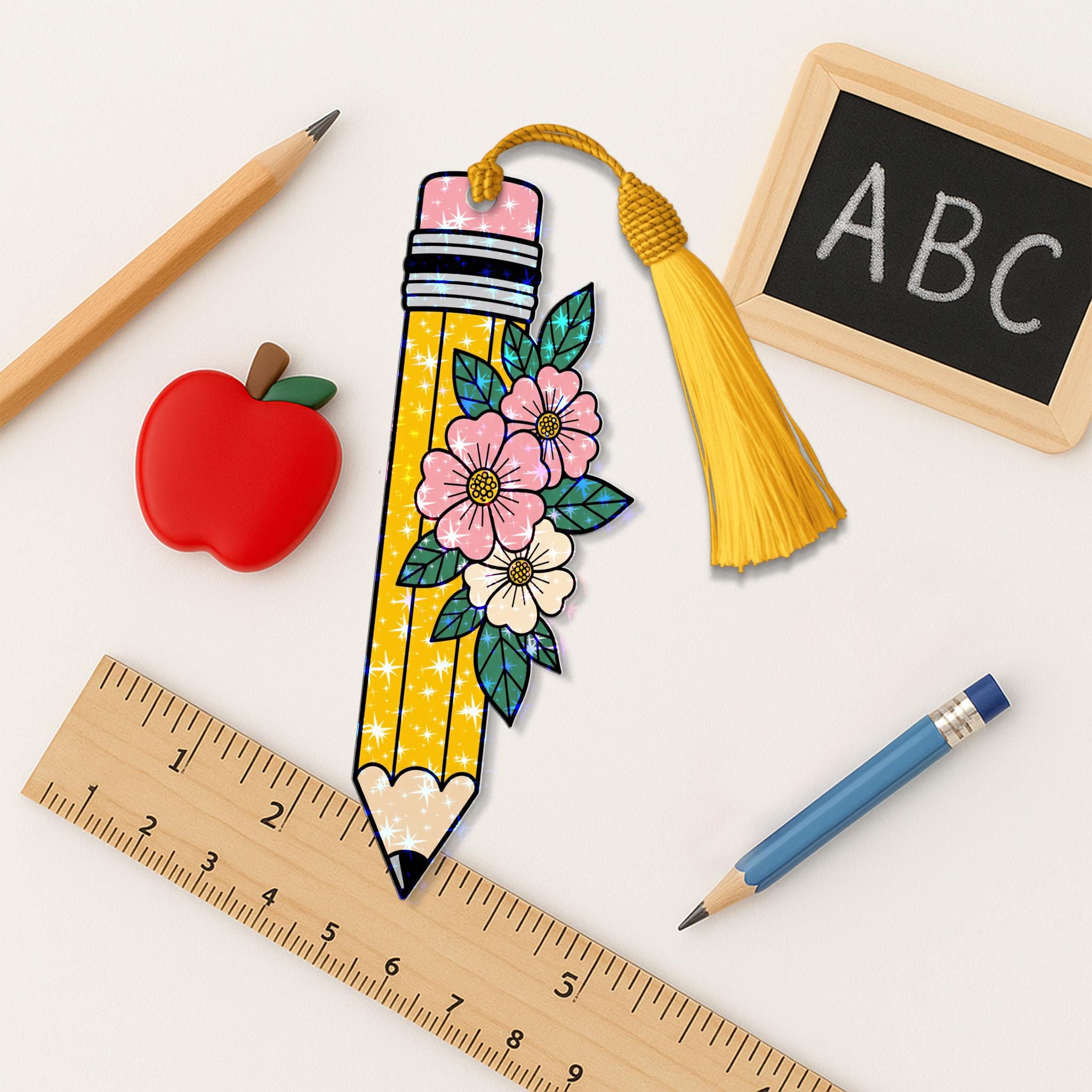 Floral Pencil Hologram Bookmark with Tassel – Cute Teacher Gift for Book Lovers – Back to School Classroom Accessory – Bookworm Favor