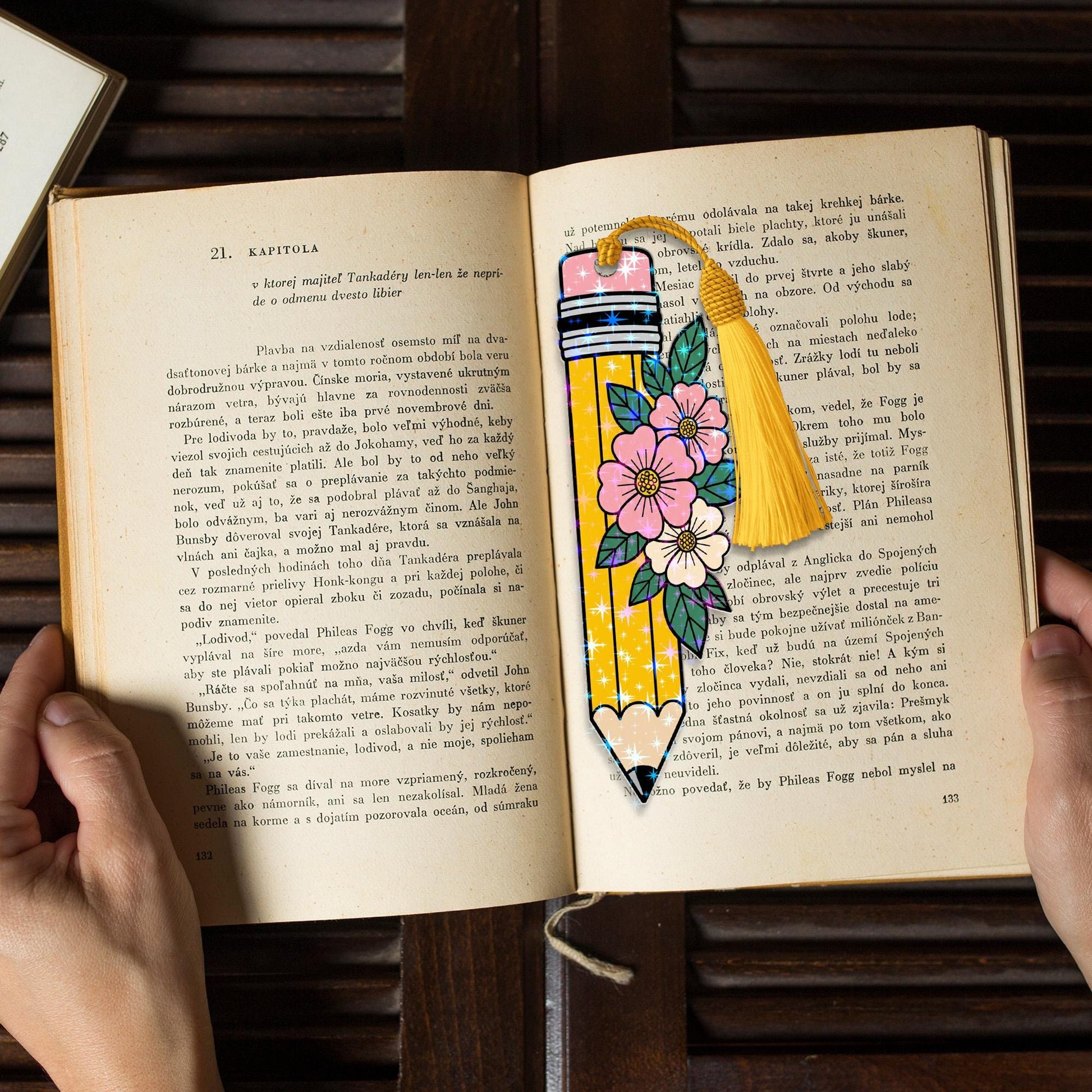 Floral Pencil Hologram Bookmark with Tassel – Cute Teacher Gift for Book Lovers – Back to School Classroom Accessory – Bookworm Favor