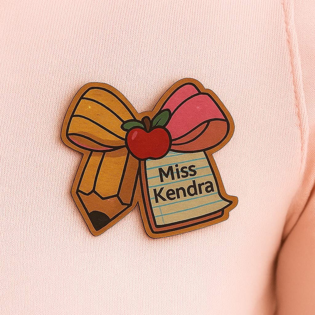 Custom Teacher Name Tag Magnet, Pencil Apple Bow Badge, Personalized Back to School Gift for Classroom, Cute Teacher Name Sign 1 layer