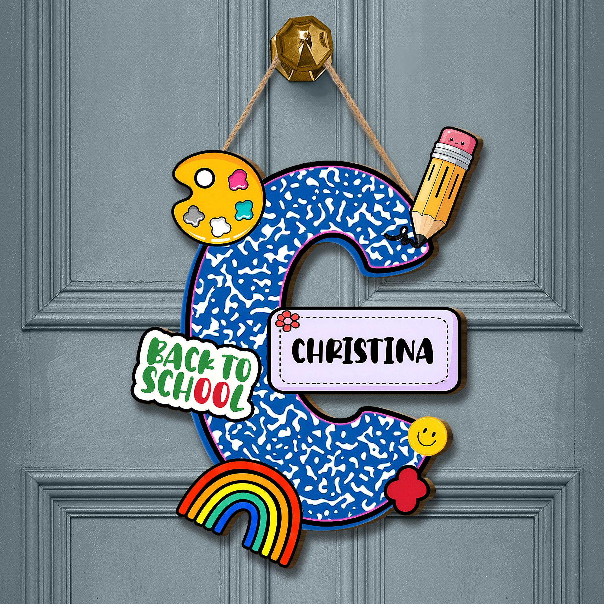 Personalized Back to School Door Hanger, Custom Name Initial Sign with School Supplies Theme for Classroom or Kids Room Decor, Teacher Decor