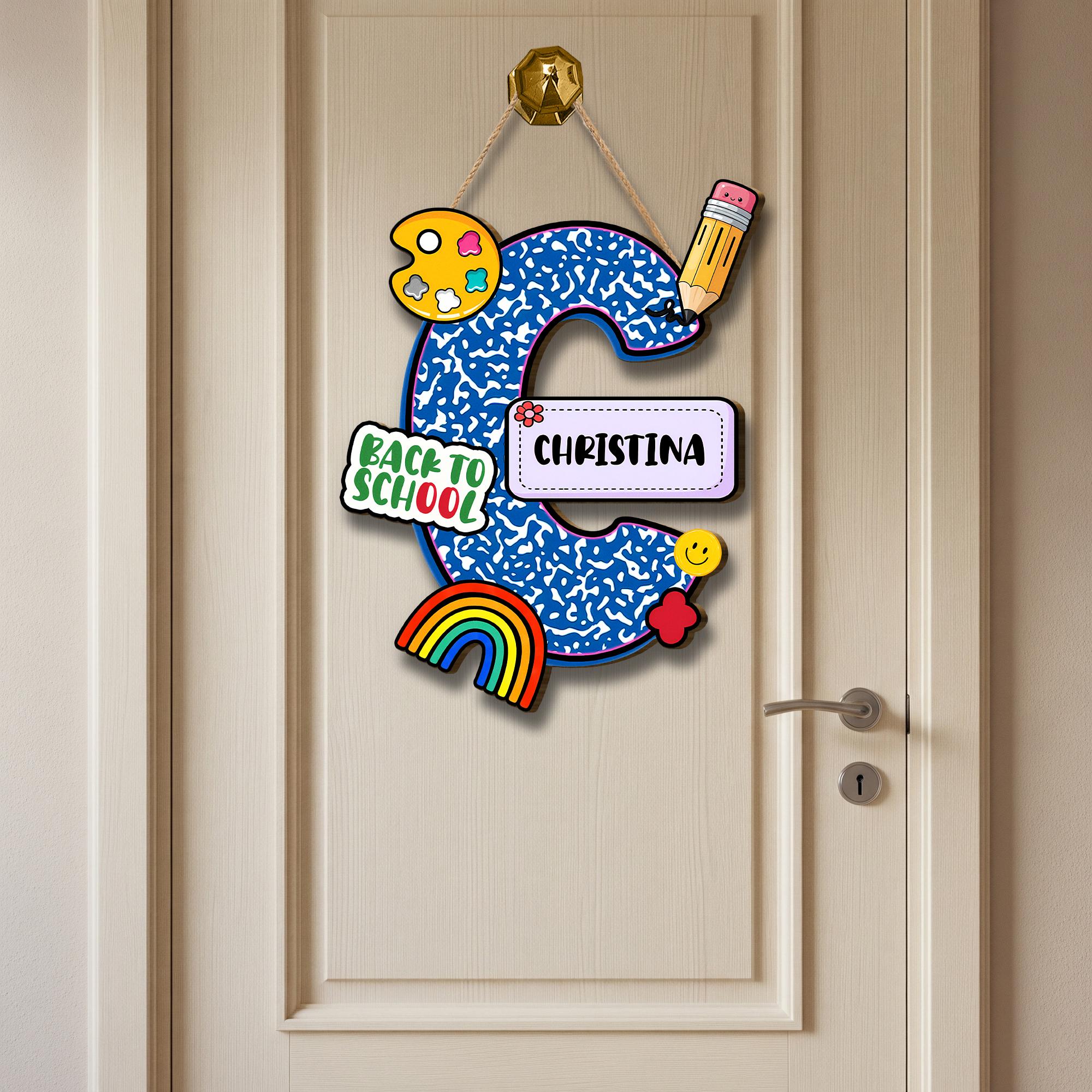 Personalized Back to School Door Hanger, Custom Name Initial Sign with School Supplies Theme for Classroom or Kids Room Decor, Teacher Decor