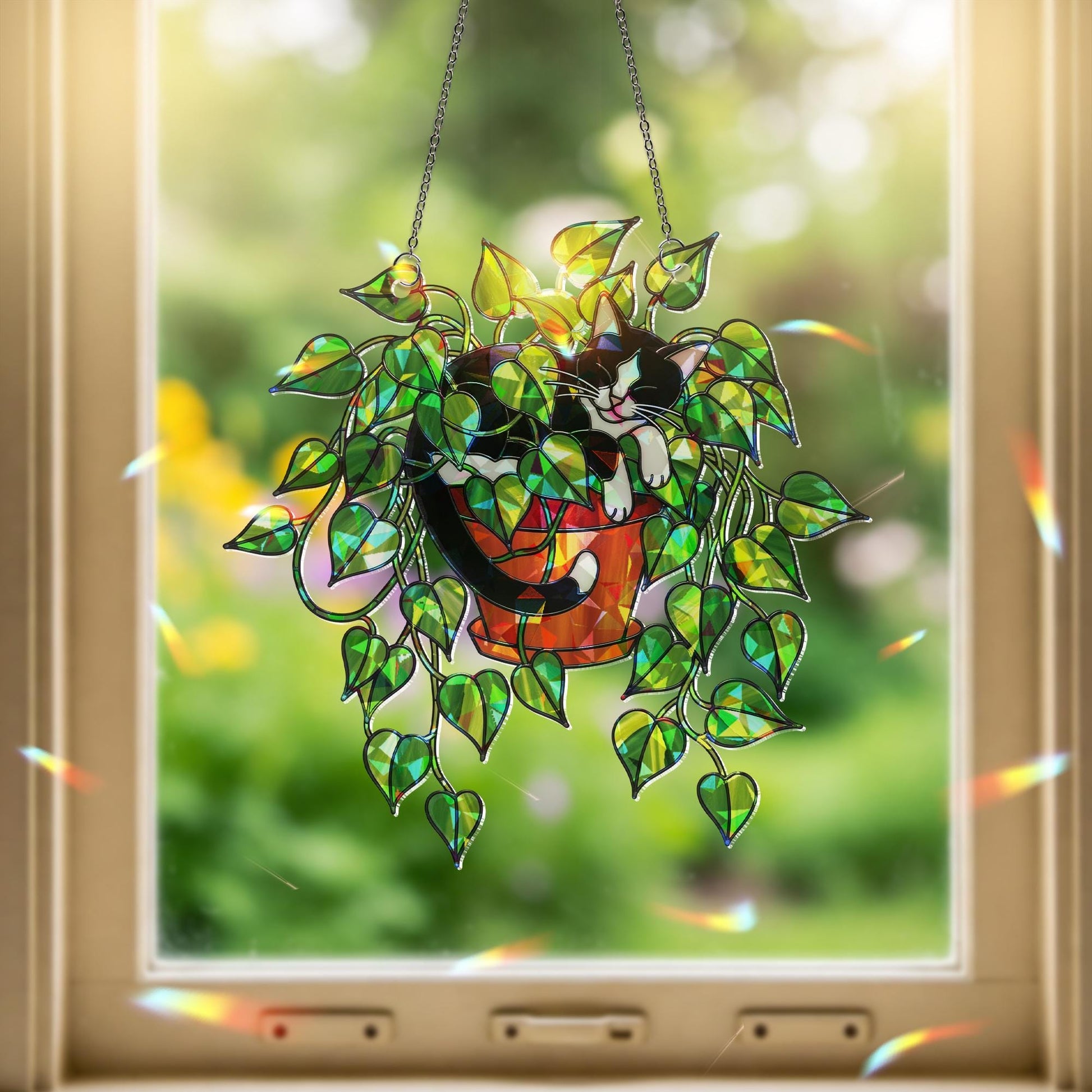 Tuxedo Cat in Pothos Plant Suncatcher, Holographic Acrylic Window Decor, Cute Plant Cat Sun Catcher, Rainbow Gift for Cat and Plant Lovers