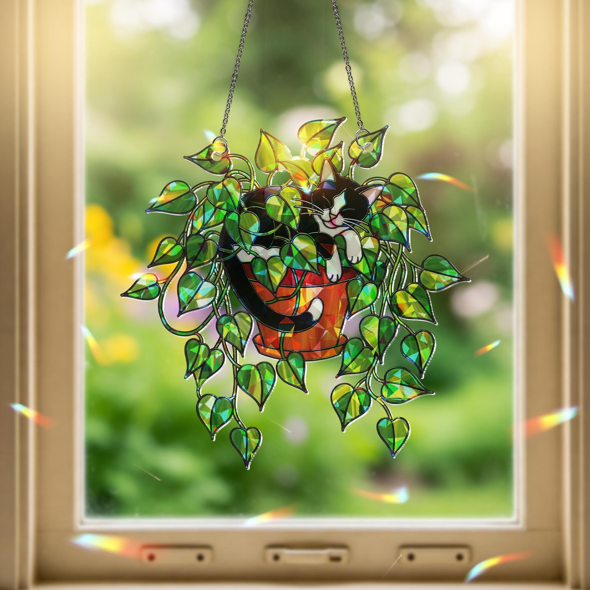 Tuxedo Cat in Pothos Plant Suncatcher, Holographic Acrylic Window Decor, Cute Plant Cat Sun Catcher, Rainbow Gift for Cat and Plant Lovers