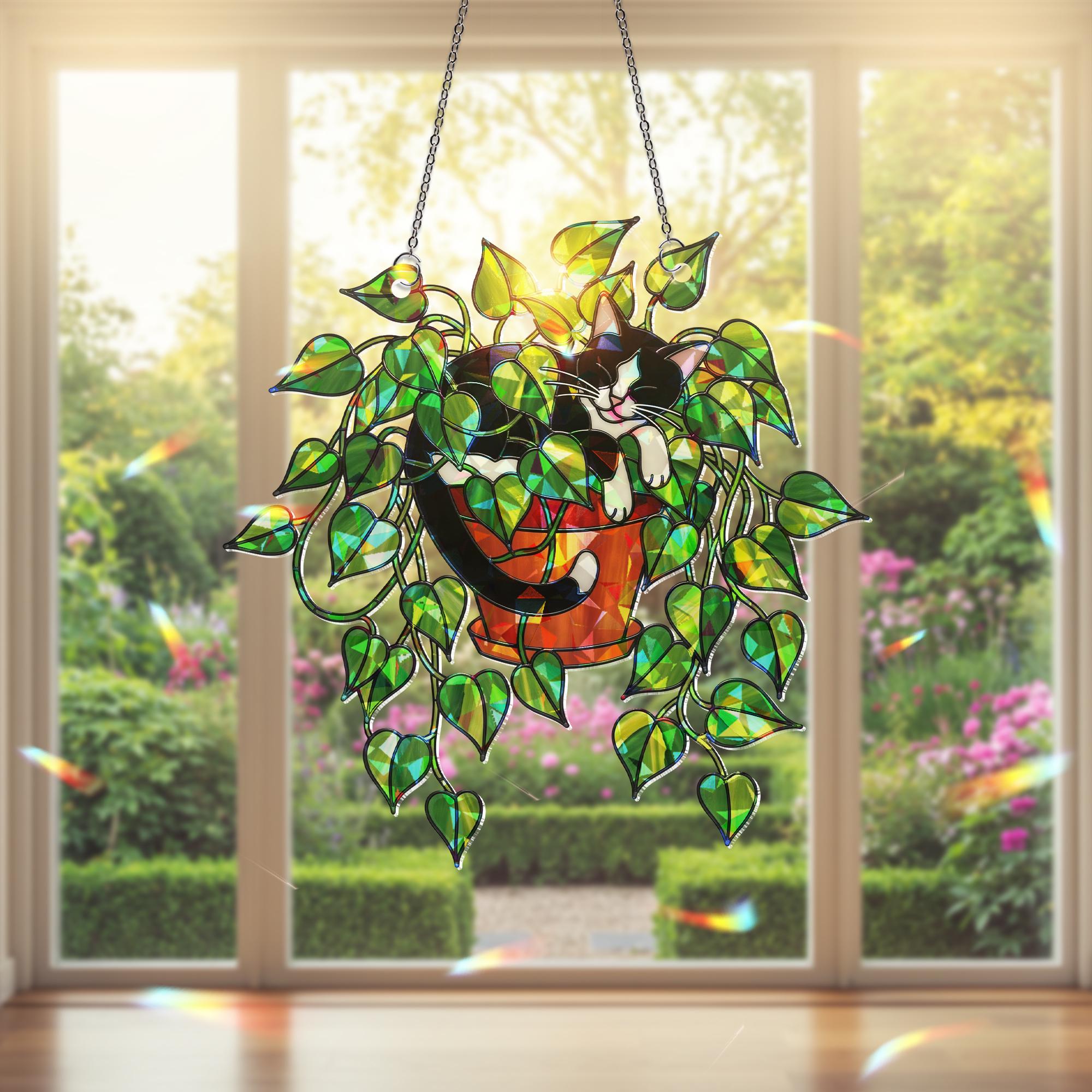 Tuxedo Cat in Pothos Plant Suncatcher, Holographic Acrylic Window Decor, Cute Plant Cat Sun Catcher, Rainbow Gift for Cat and Plant Lovers