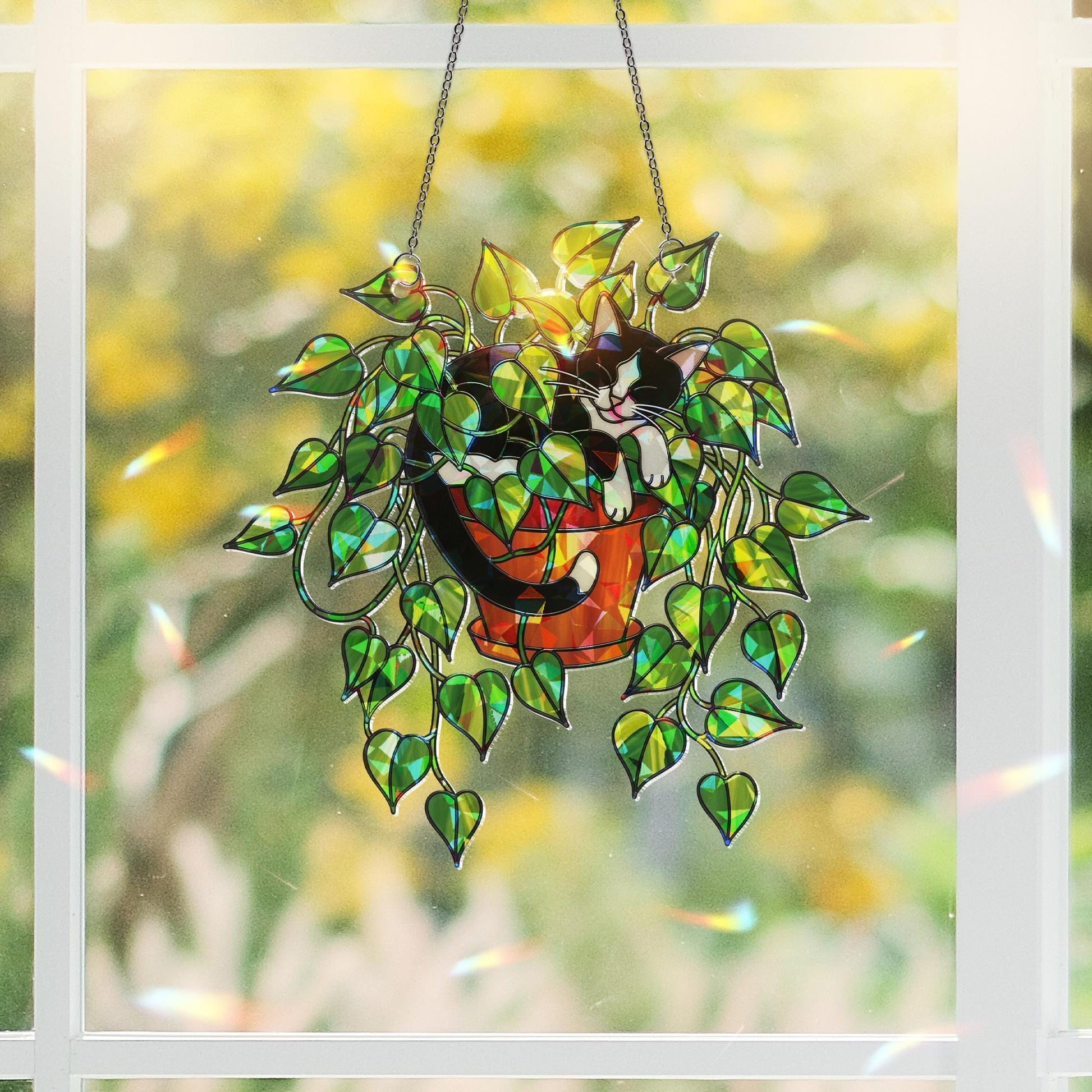 Tuxedo Cat in Pothos Plant Suncatcher, Holographic Acrylic Window Decor, Cute Plant Cat Sun Catcher, Rainbow Gift for Cat and Plant Lovers