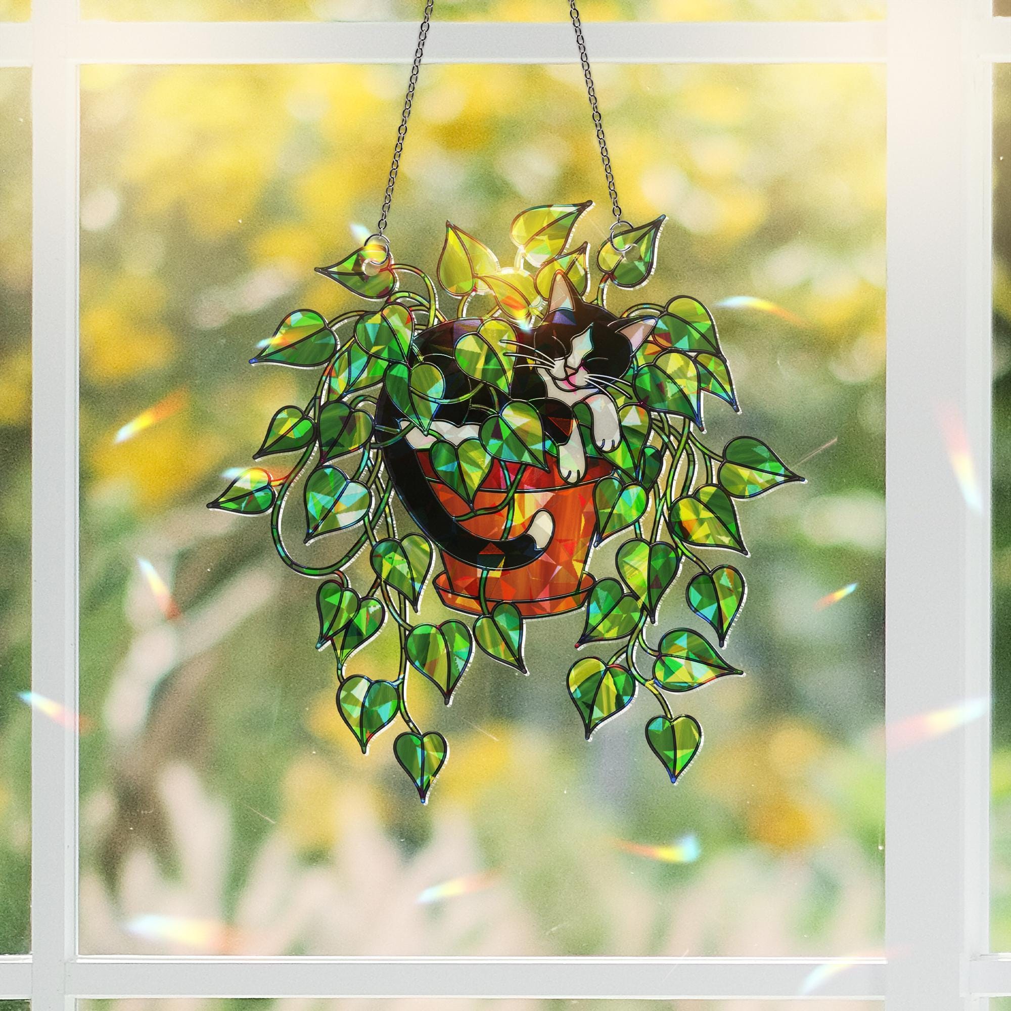 Tuxedo Cat in Pothos Plant Suncatcher, Holographic Acrylic Window Decor, Cute Plant Cat Sun Catcher, Rainbow Gift for Cat and Plant Lovers