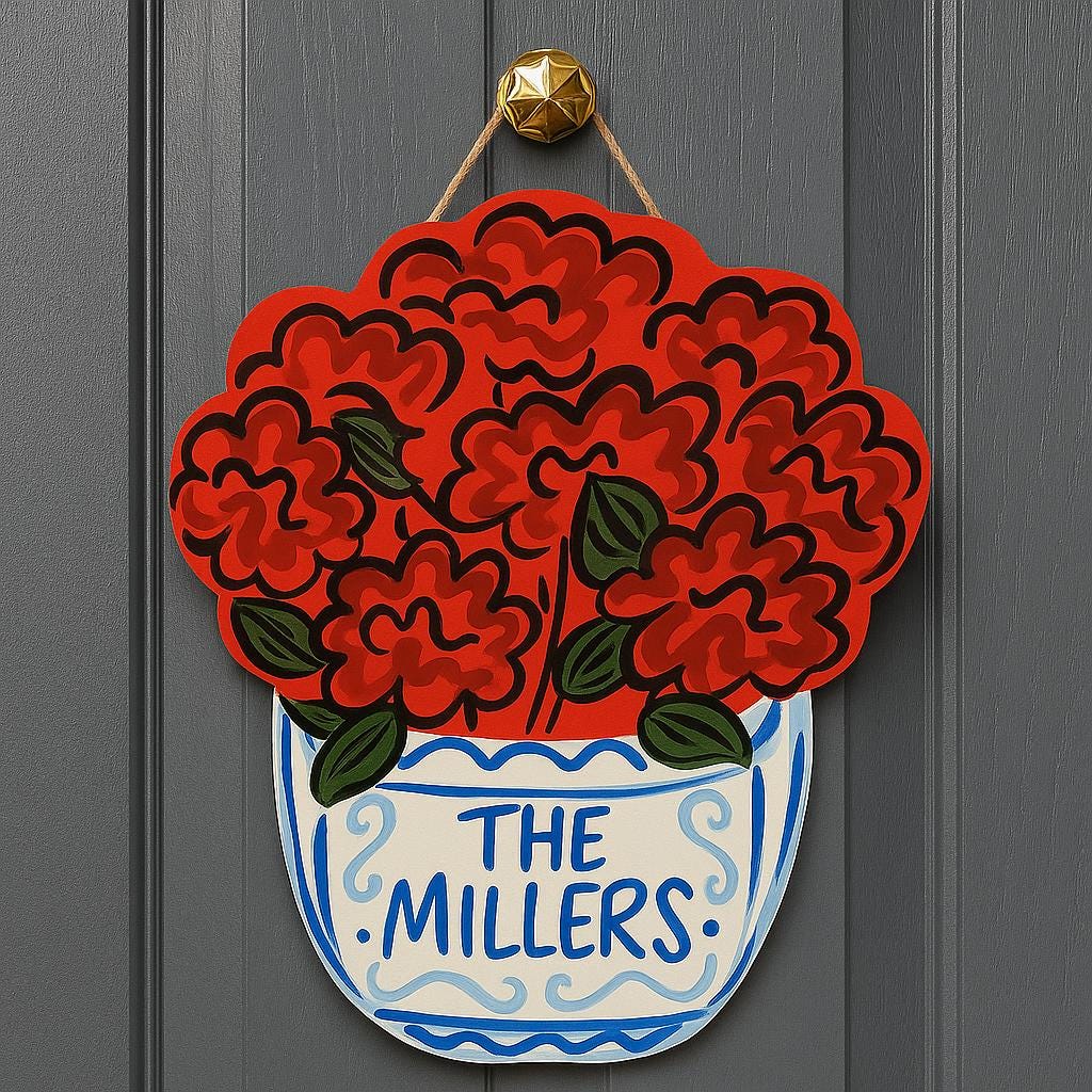 Custom Red Geranium Door Hanger, Chinoiserie Summer Front Door Decor, Personalized Name Sign, Cottagecore Porch Floral Accent