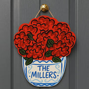 Custom Red Geranium Door Hanger, Chinoiserie Summer Front Door Decor, Personalized Name Sign, Cottagecore Porch Floral Accent
