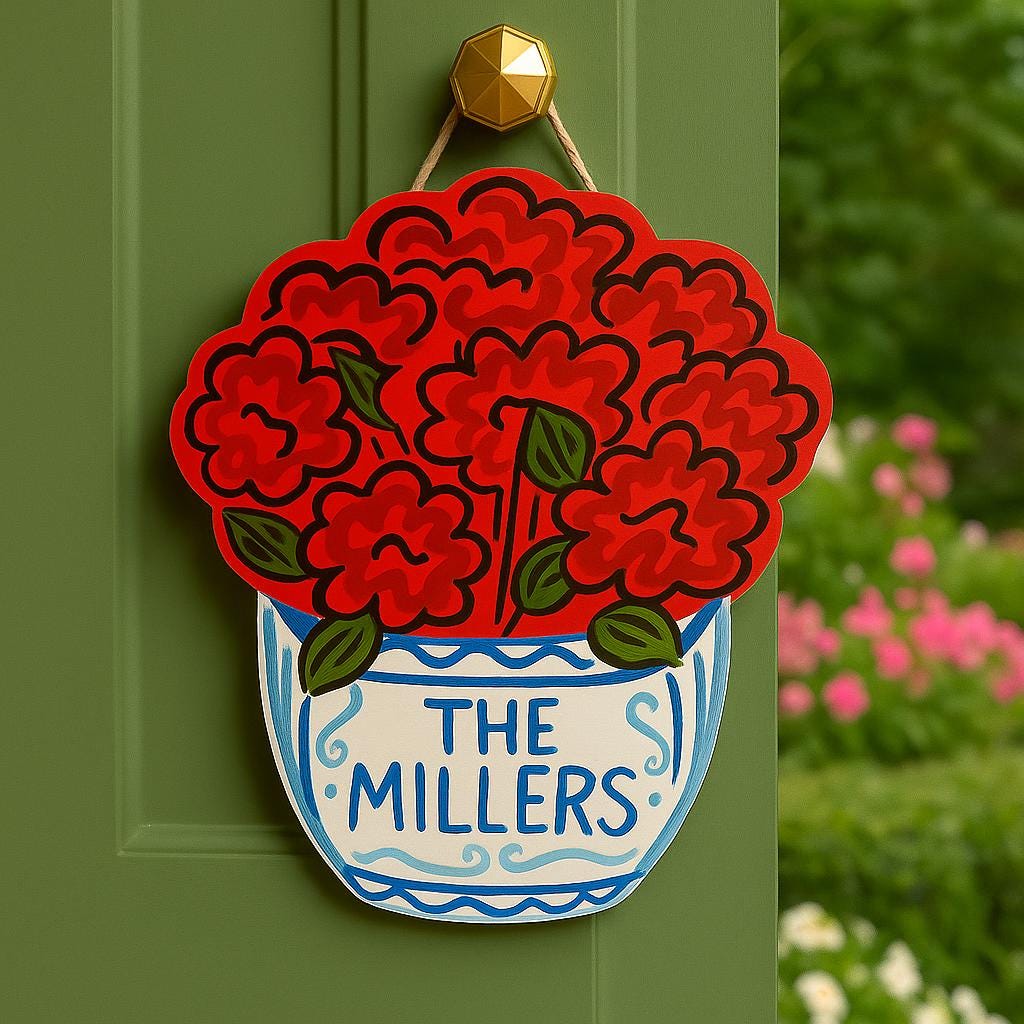 Custom Red Geranium Door Hanger, Chinoiserie Summer Front Door Decor, Personalized Name Sign, Cottagecore Porch Floral Accent