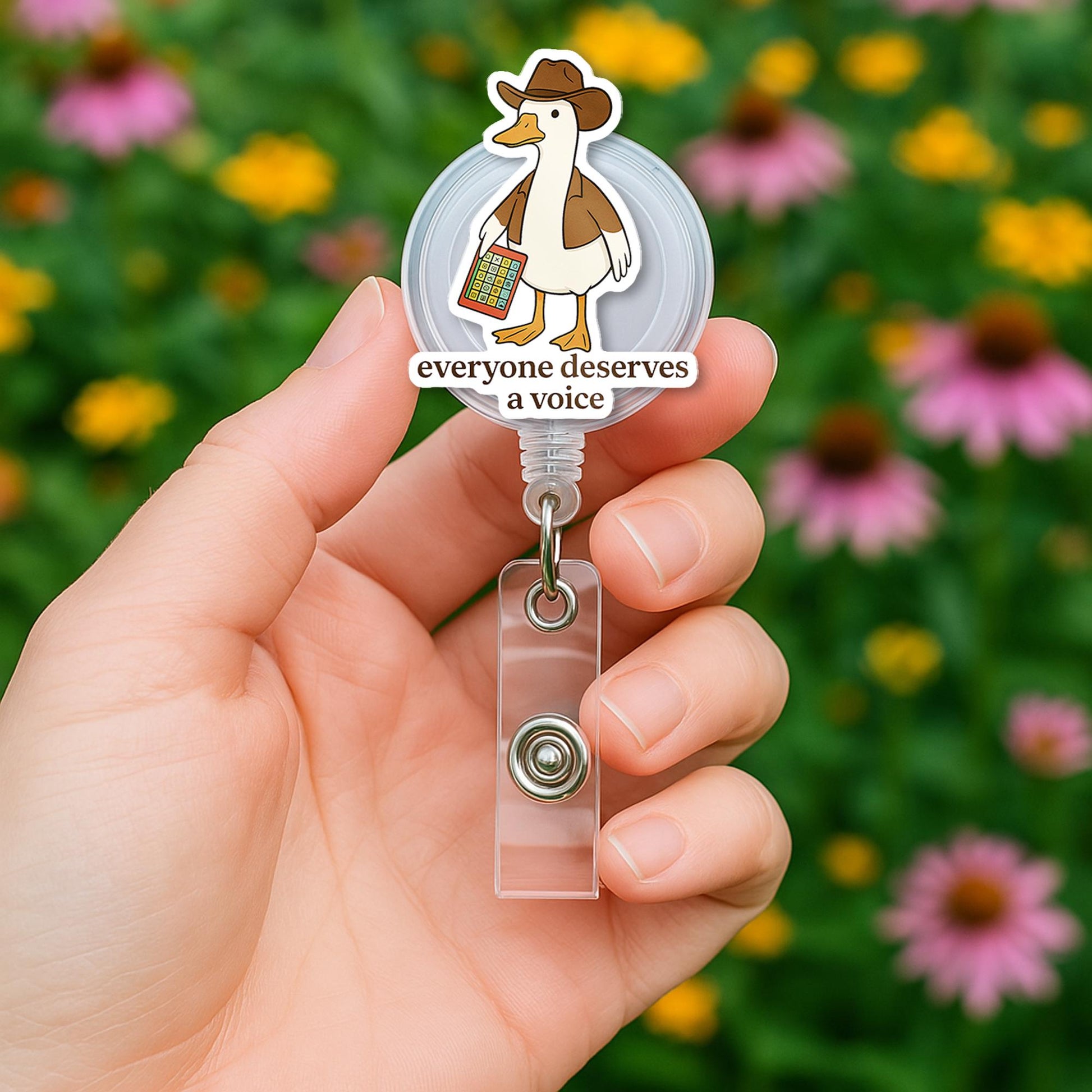 SLP Goose Badge Reel, Everyone Deserves a Voice ID Clip, Funny Speech Therapy Gift, AAC Therapist Retractable Badge Holder
