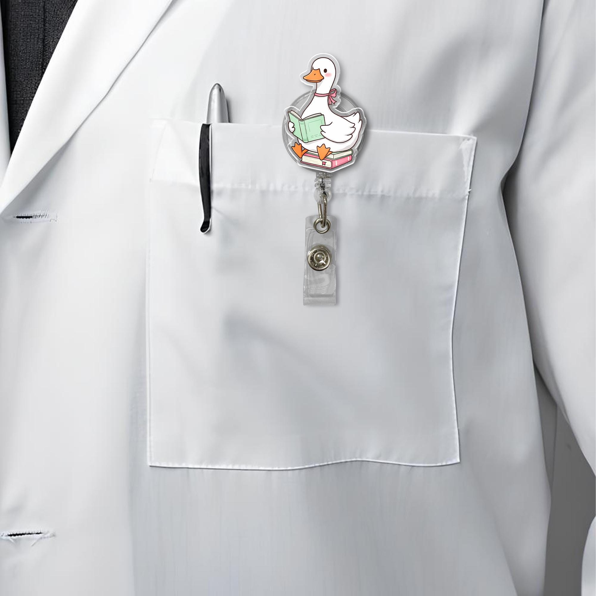 Coquette Silly Goose Badge Reel, Cute Bookish Duck ID Holder, Pink Bow Teacher Gift, Aesthetic Librarian Badge Clip for Her