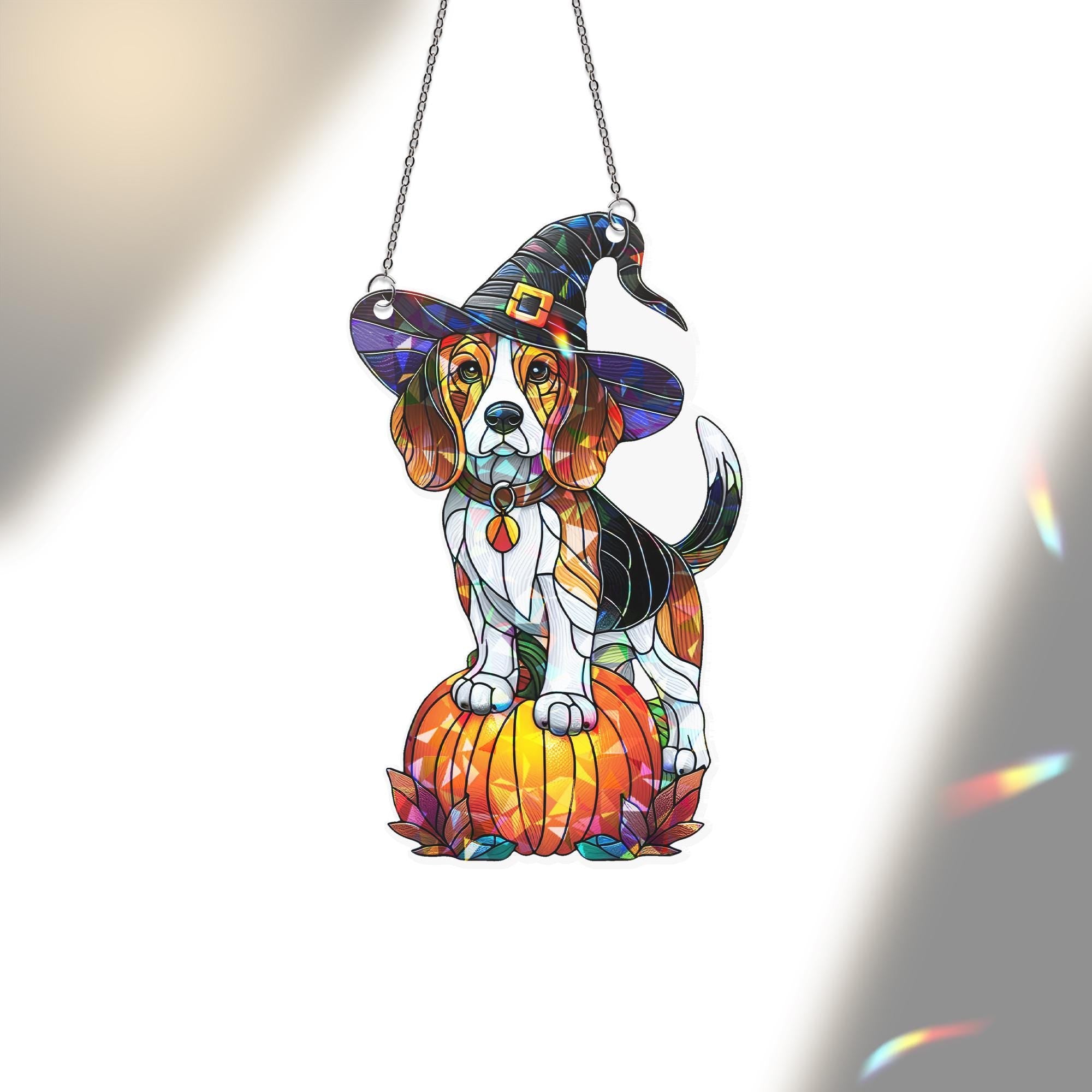 Beagle Witch Suncatcher, Holographic Halloween Dog Window Decor, Acrylic Pumpkin Pet Sun Catcher, Fall Gift for Dog Lovers