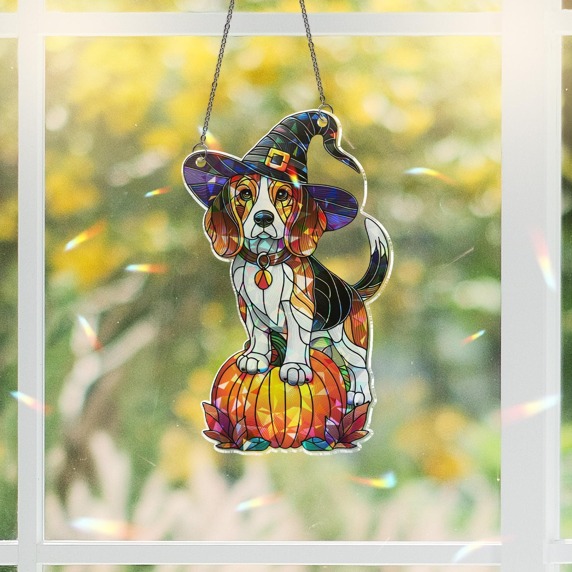 Beagle Witch Suncatcher, Holographic Halloween Dog Window Decor, Acrylic Pumpkin Pet Sun Catcher, Fall Gift for Dog Lovers