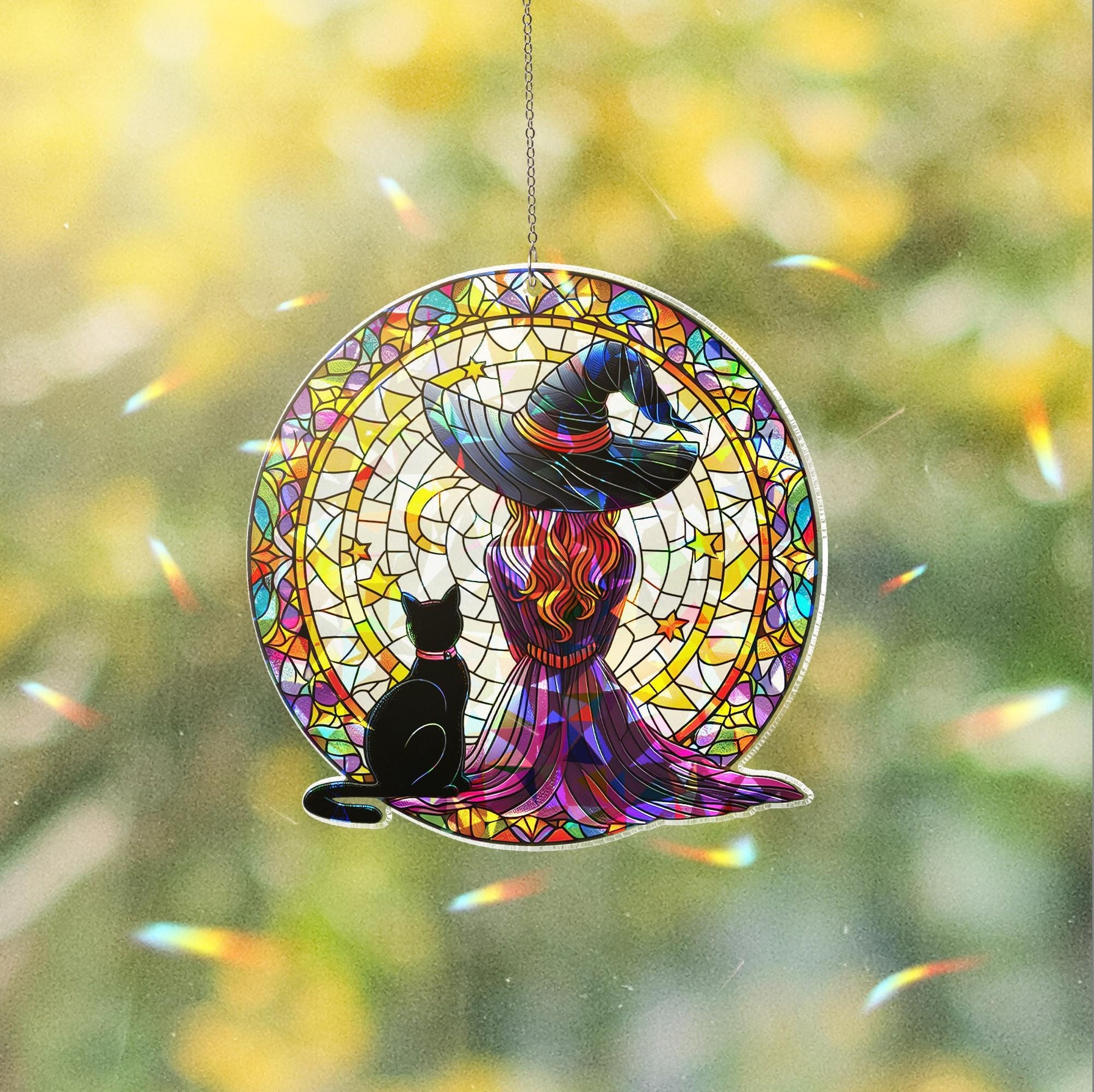 Witch and Black Cat Suncatcher, Holographic Round Acrylic Window Decor, Moon Star Witchy Sun Catcher, Halloween Gift for Her