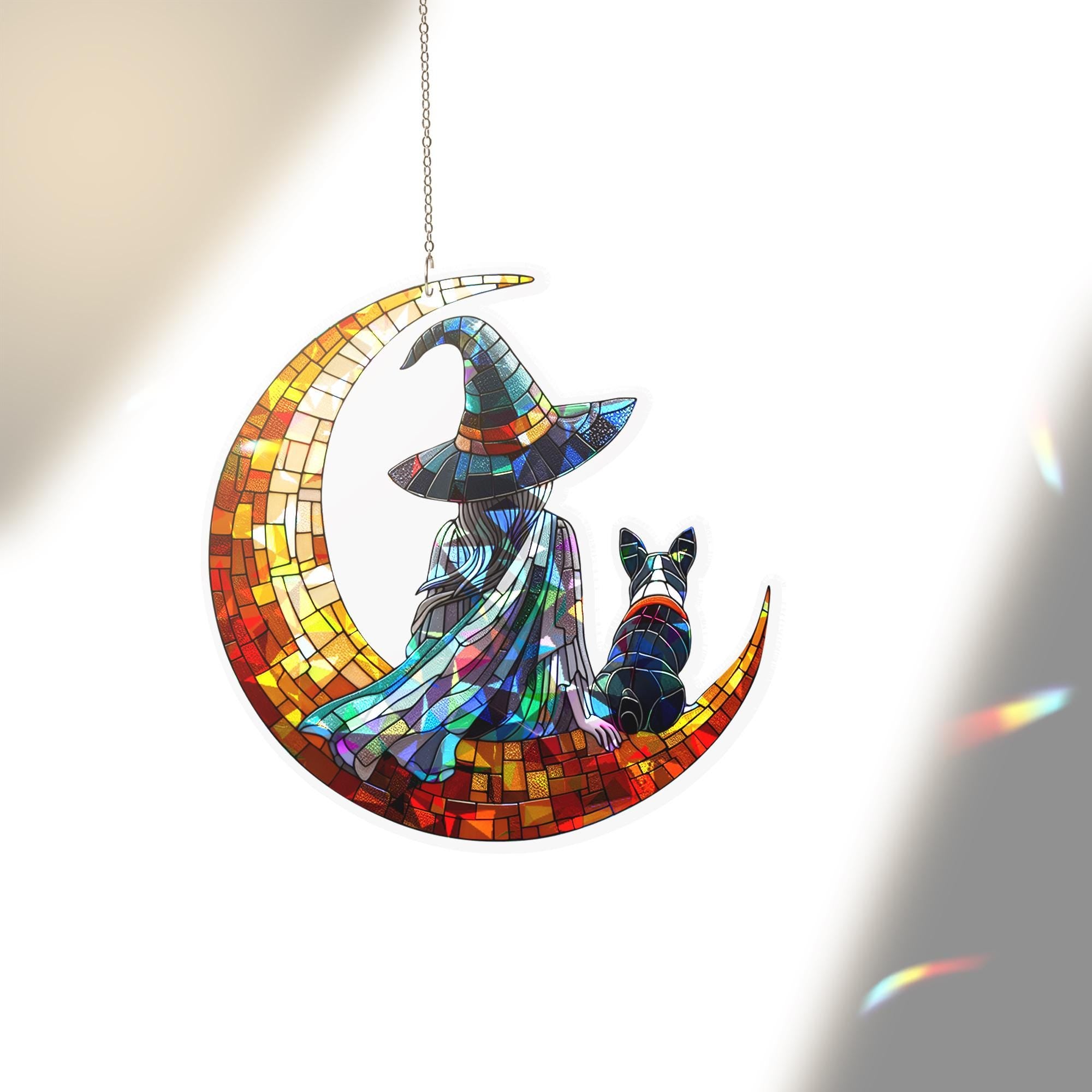 Witch and Boston Terrier Suncatcher, Holographic Moon Acrylic Window Decor, Halloween Dog Lover Gift, Witchy Pet Sun Catcher