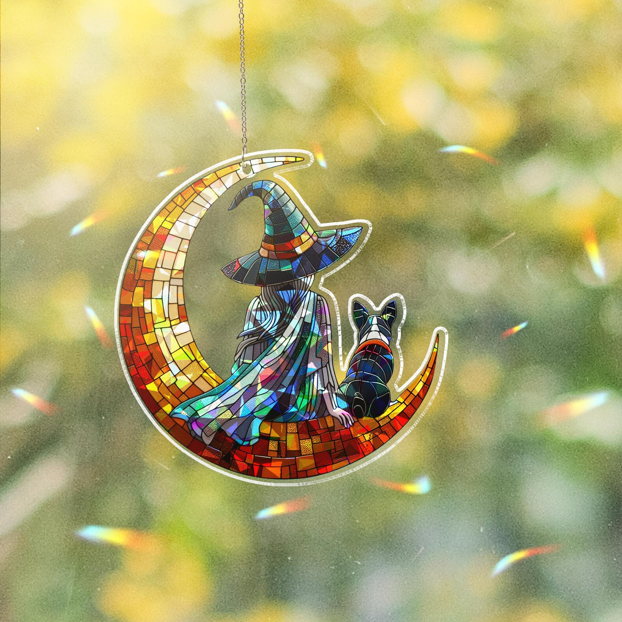 Witch and Boston Terrier Suncatcher, Holographic Moon Acrylic Window Decor, Halloween Dog Lover Gift, Witchy Pet Sun Catcher