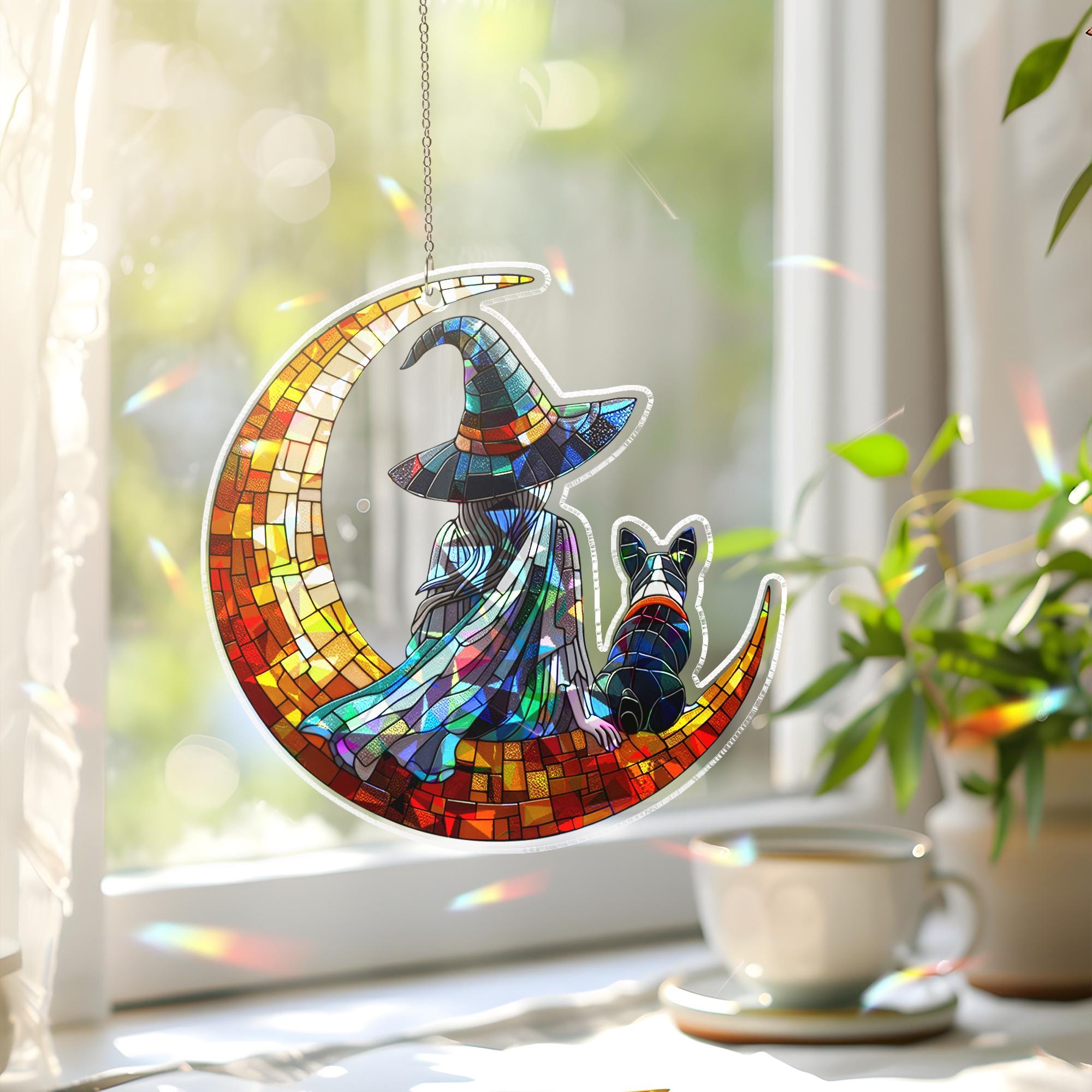 Witch and Boston Terrier Suncatcher, Holographic Moon Acrylic Window Decor, Halloween Dog Lover Gift, Witchy Pet Sun Catcher