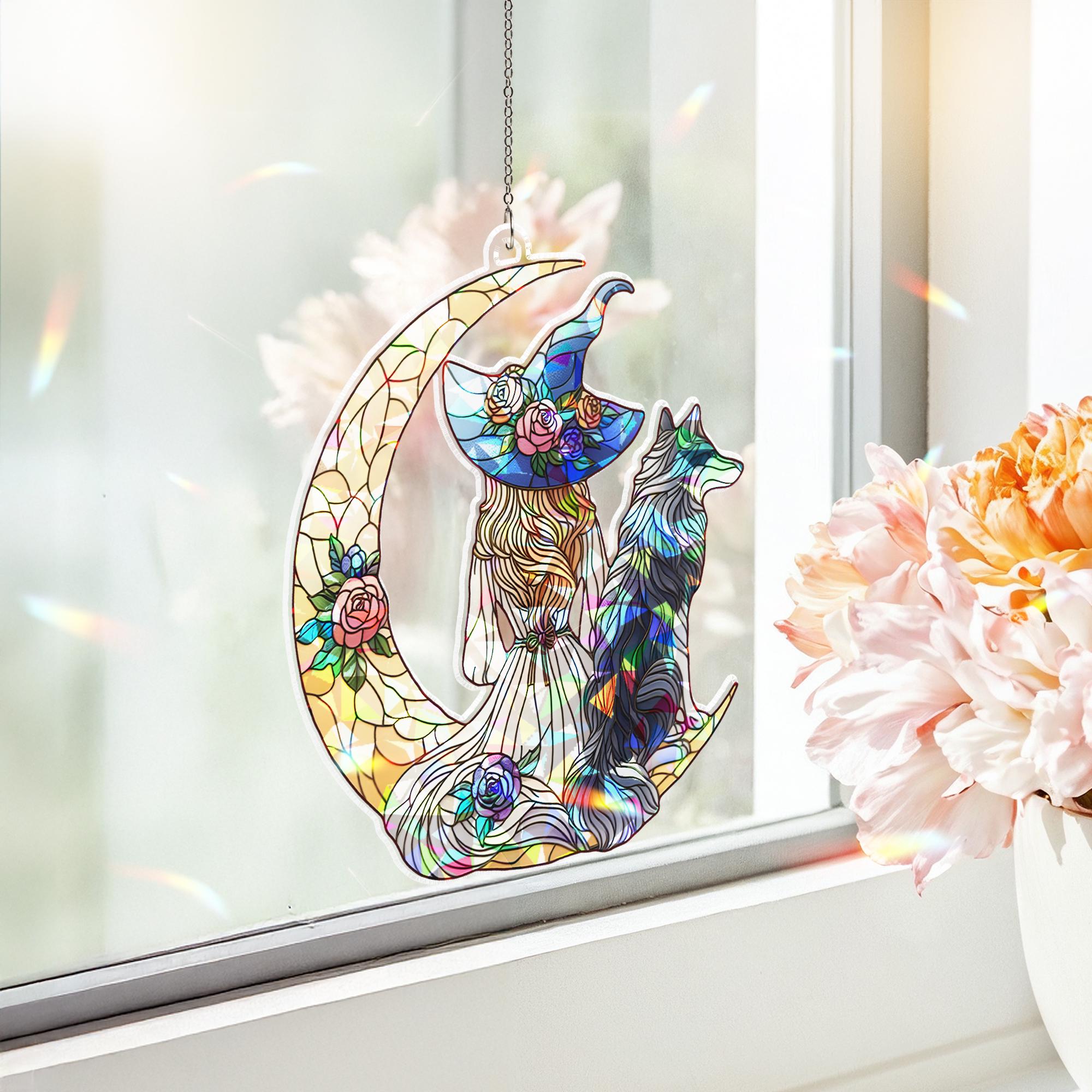 Witch and Wolf Suncatcher, Holographic Moon Acrylic Window Decor, Floral Witchy Sun Catcher, Mystical Gift for Nature Lovers