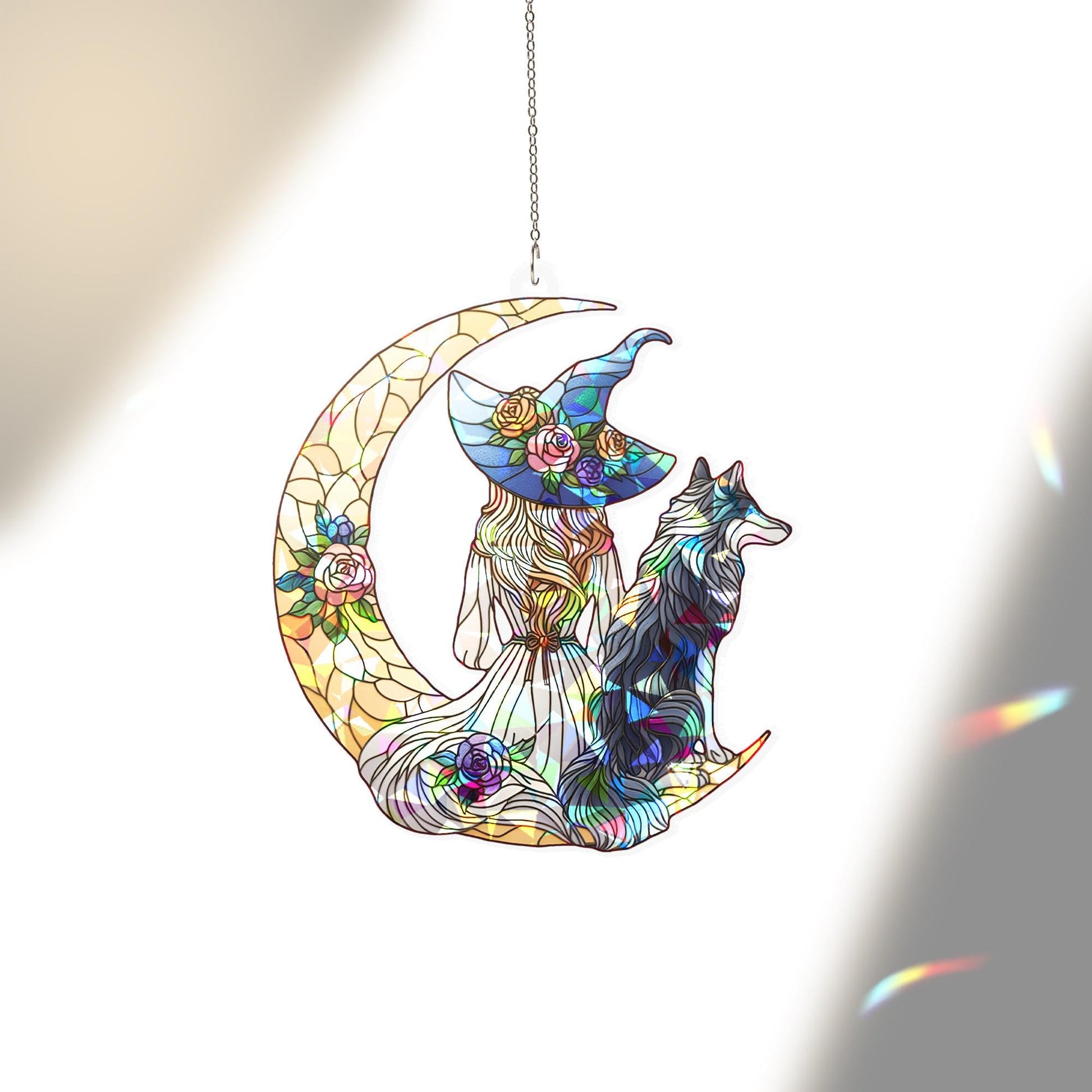 Witch and Wolf Suncatcher, Holographic Moon Acrylic Window Decor, Floral Witchy Sun Catcher, Mystical Gift for Nature Lovers