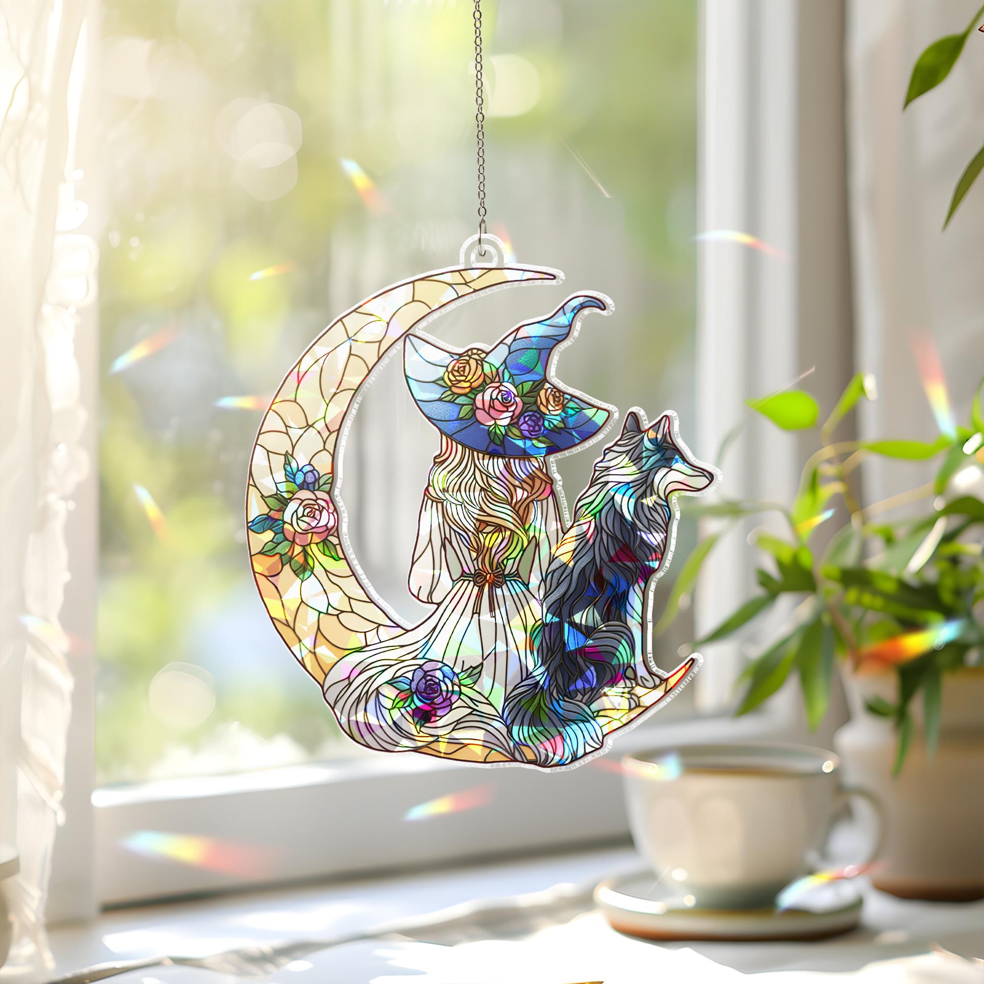 Witch and Wolf Suncatcher, Holographic Moon Acrylic Window Decor, Floral Witchy Sun Catcher, Mystical Gift for Nature Lovers