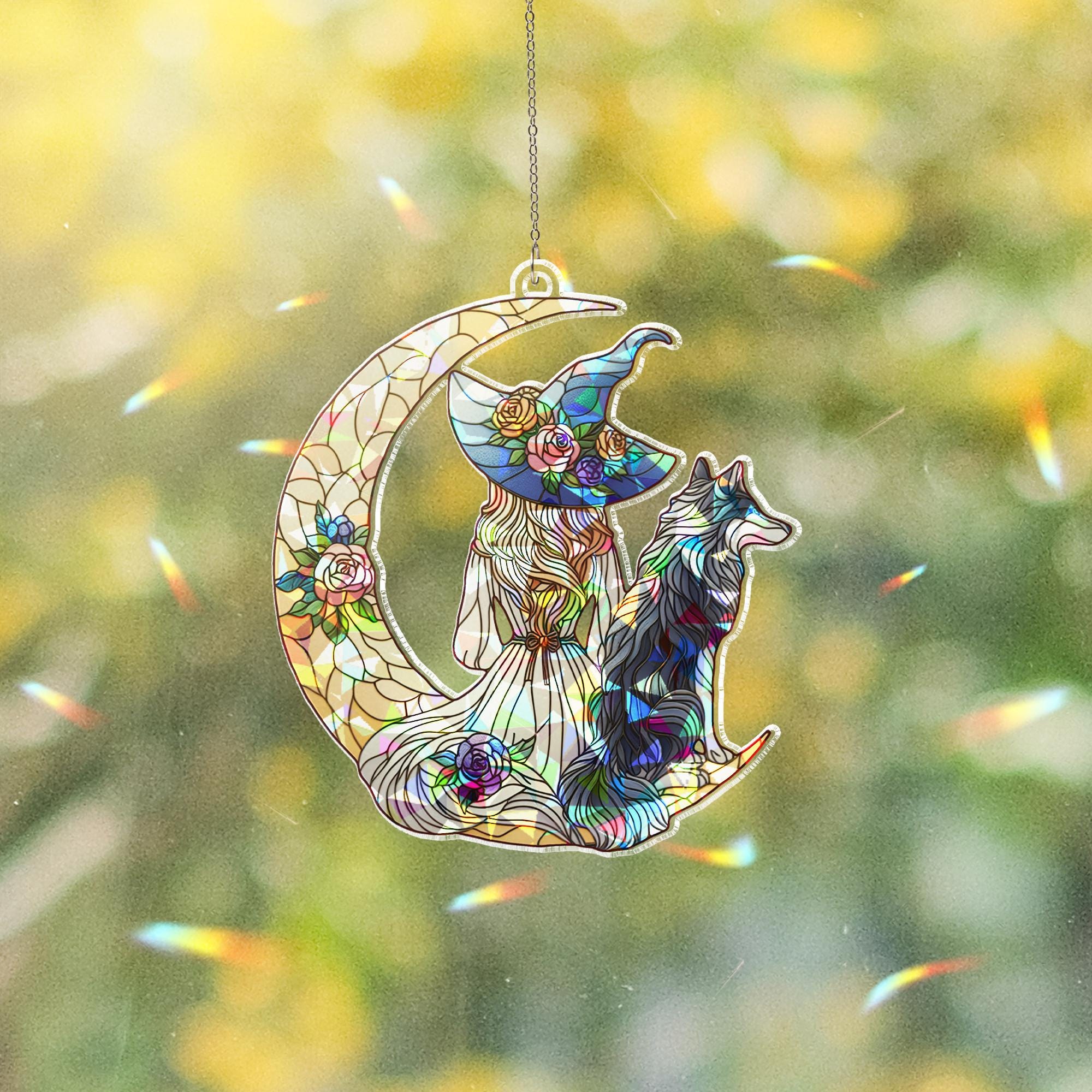 Witch and Wolf Suncatcher, Holographic Moon Acrylic Window Decor, Floral Witchy Sun Catcher, Mystical Gift for Nature Lovers