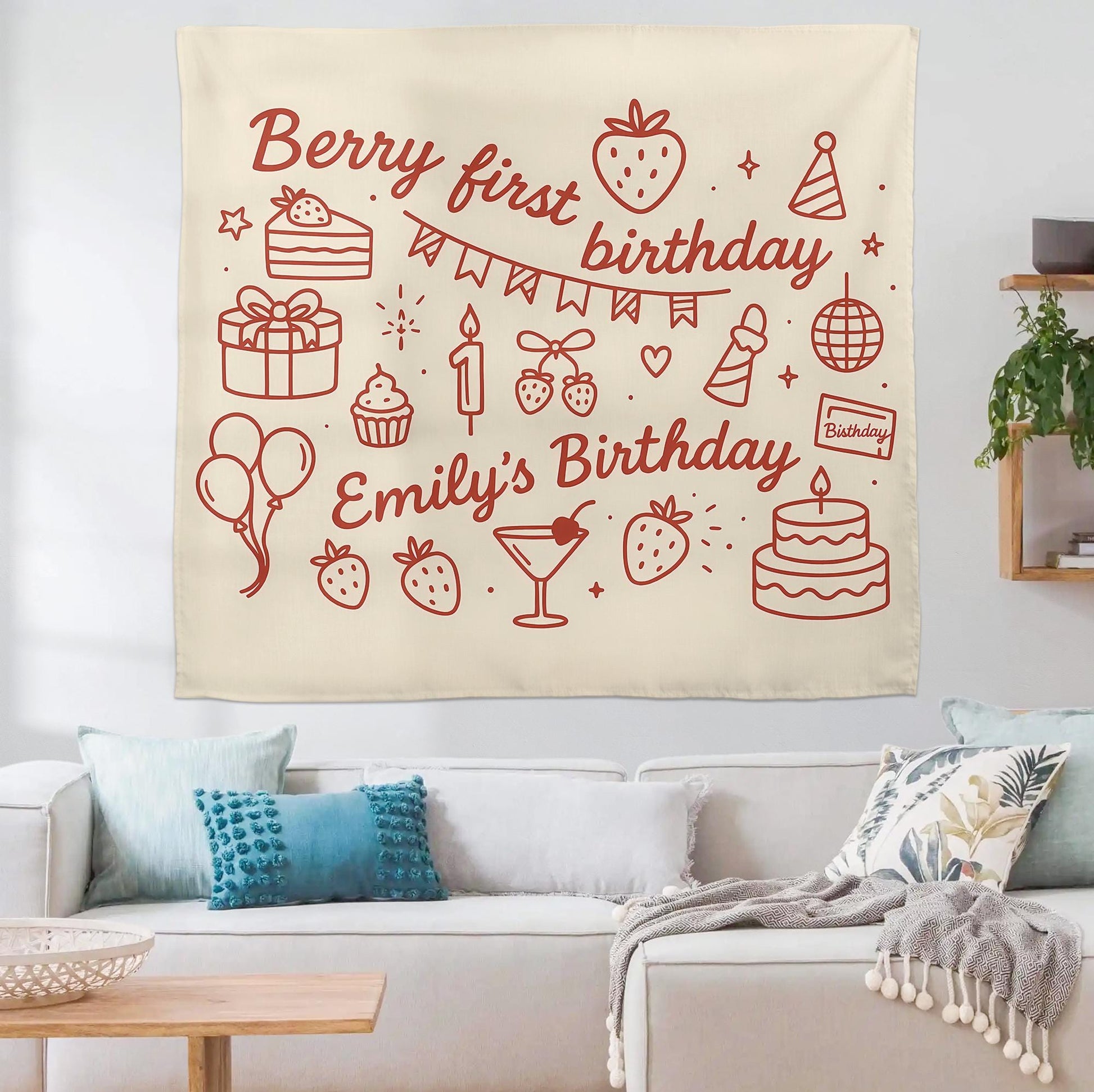 Berry First Birthday Tapestry, Strawberry Theme Wall Banner, Custom Name 1st Birthday Decor, Girl Party Photo Backdrop Gift