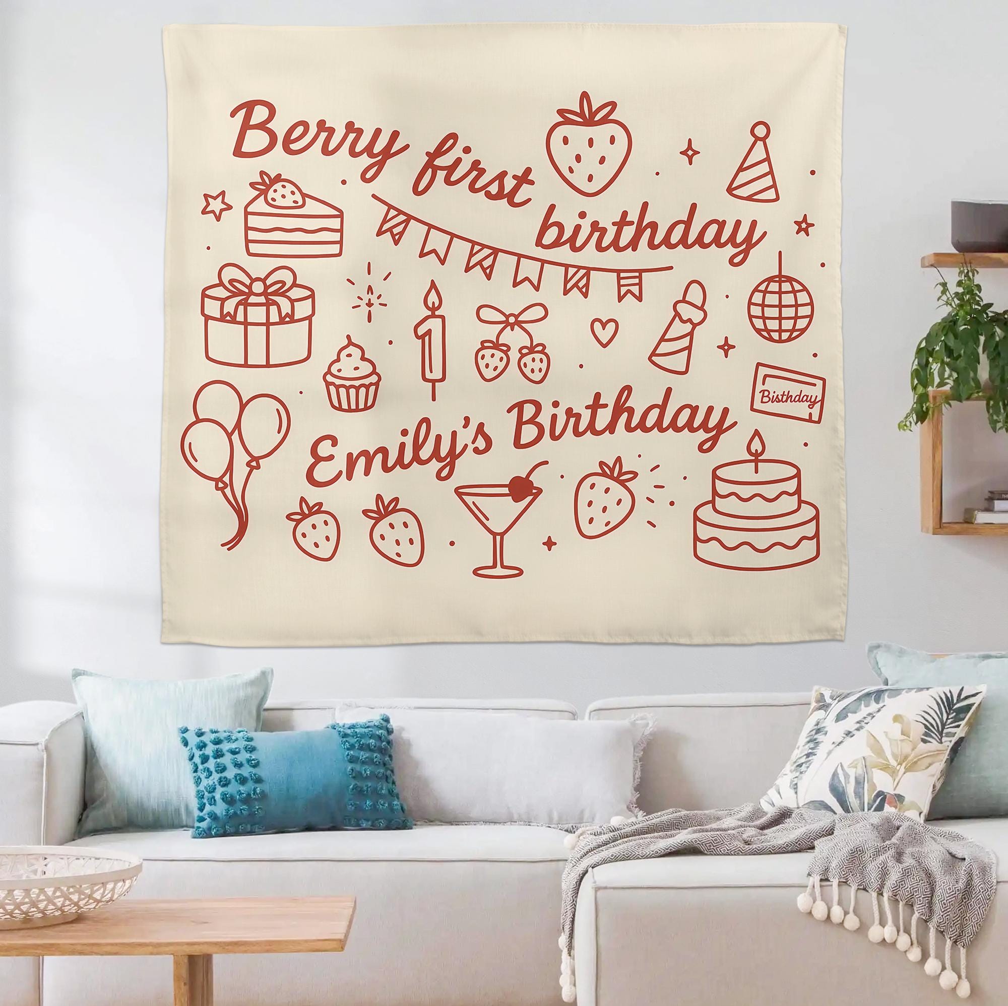Berry First Birthday Tapestry, Strawberry Theme Wall Banner, Custom Name 1st Birthday Decor, Girl Party Photo Backdrop Gift