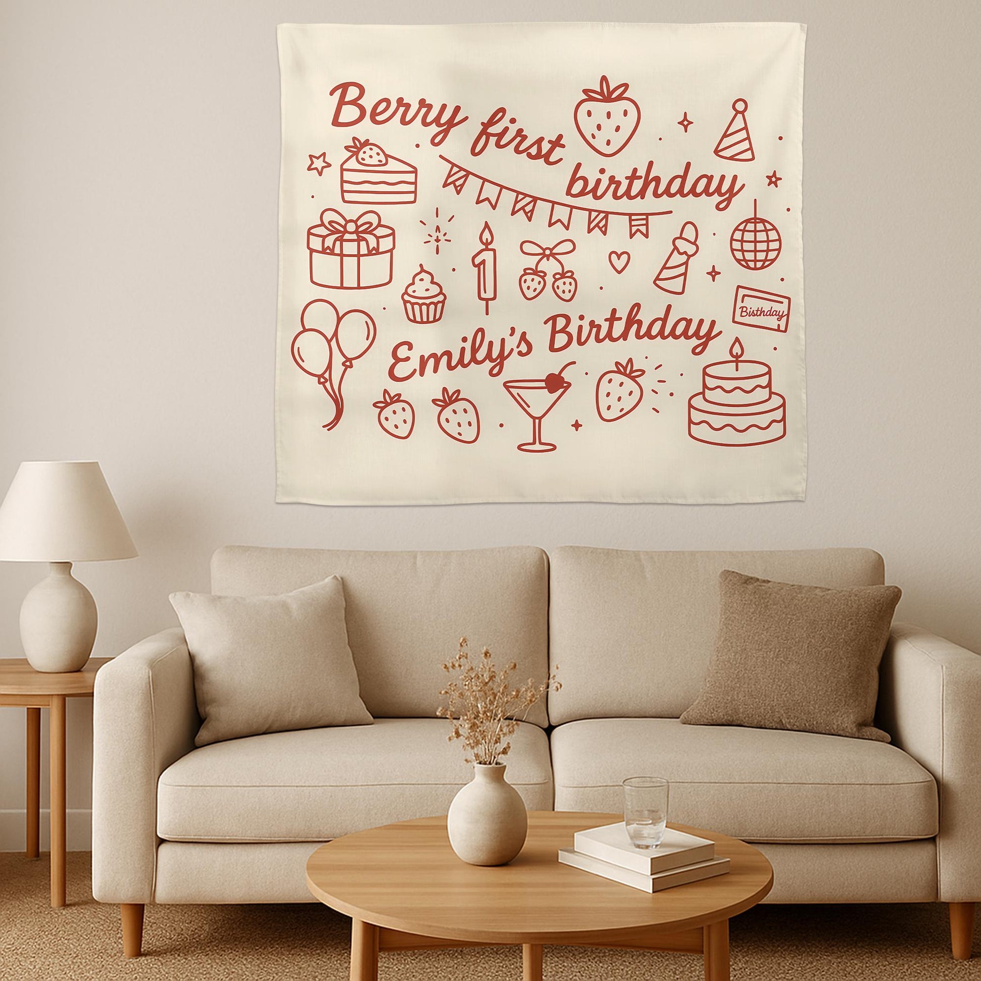 Berry First Birthday Tapestry, Strawberry Theme Wall Banner, Custom Name 1st Birthday Decor, Girl Party Photo Backdrop Gift