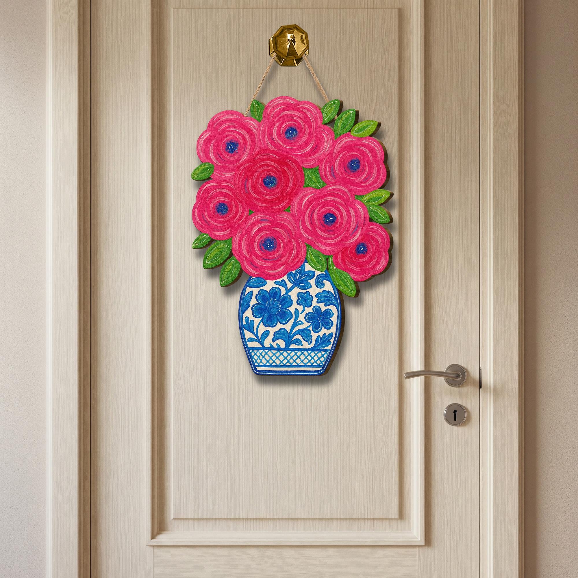 Chinoiserie Floral Door Hanger, Blue and White Vase Wood Sign, Hand Painted Spring Decor, Elegant Front Door Sign, Porch Accent