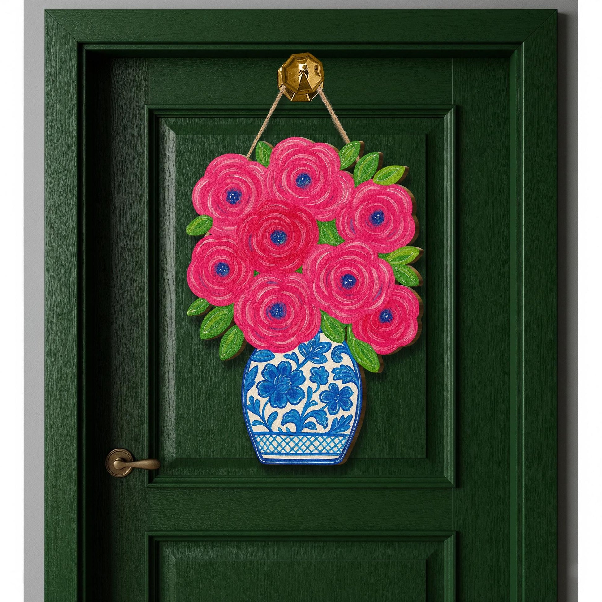 Chinoiserie Floral Door Hanger, Blue and White Vase Wood Sign, Hand Painted Spring Decor, Elegant Front Door Sign, Porch Accent
