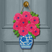 Chinoiserie Floral Door Hanger, Blue and White Vase Wood Sign, Hand Painted Spring Decor, Elegant Front Door Sign, Porch Accent