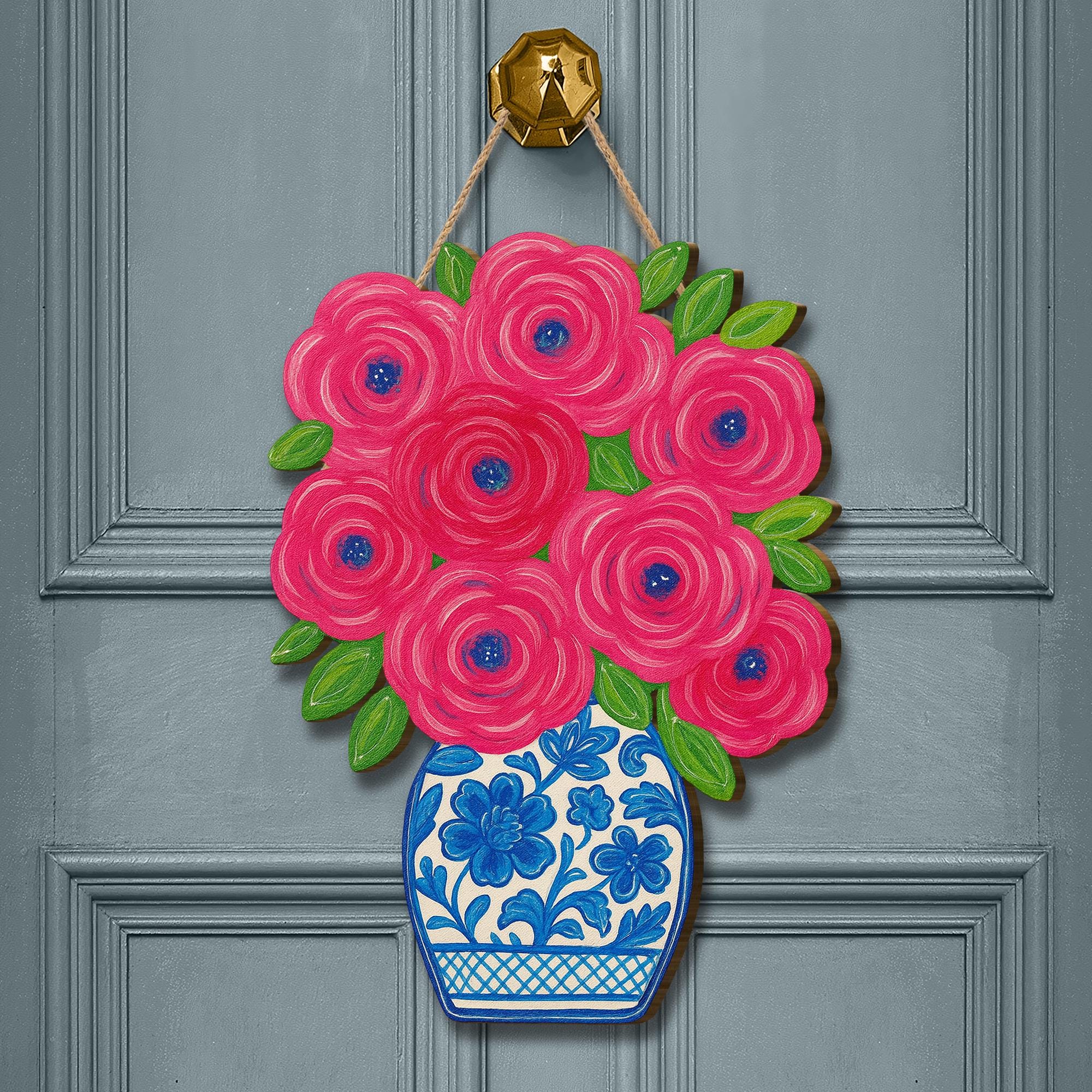Chinoiserie Floral Door Hanger, Blue and White Vase Wood Sign, Hand Painted Spring Decor, Elegant Front Door Sign, Porch Accent