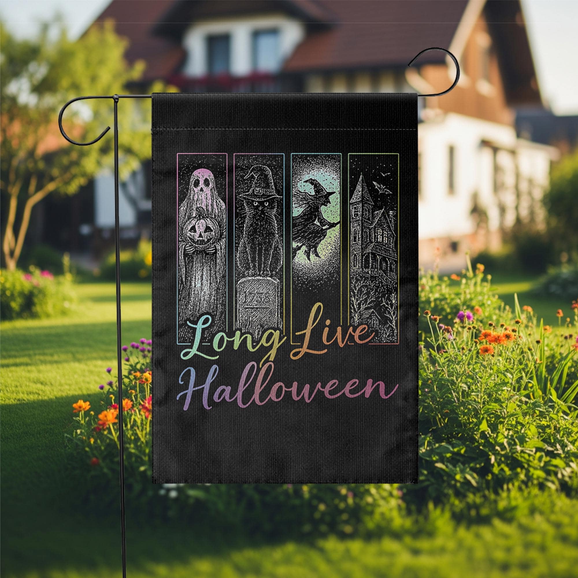Long Live Halloween Garden Flag, Spooky Witch Ghost Outdoor Decor, Gothic Haunted House Yard Sign, Halloween Porch Banner