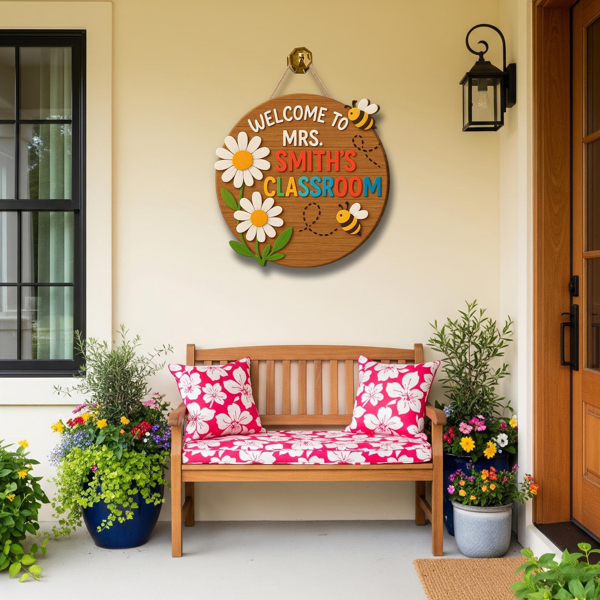 Welcome Classroom Door Sign, 3D Teacher Wood Sign with Bees and Flowers, Back to School Decor, Personalized Teacher Gift