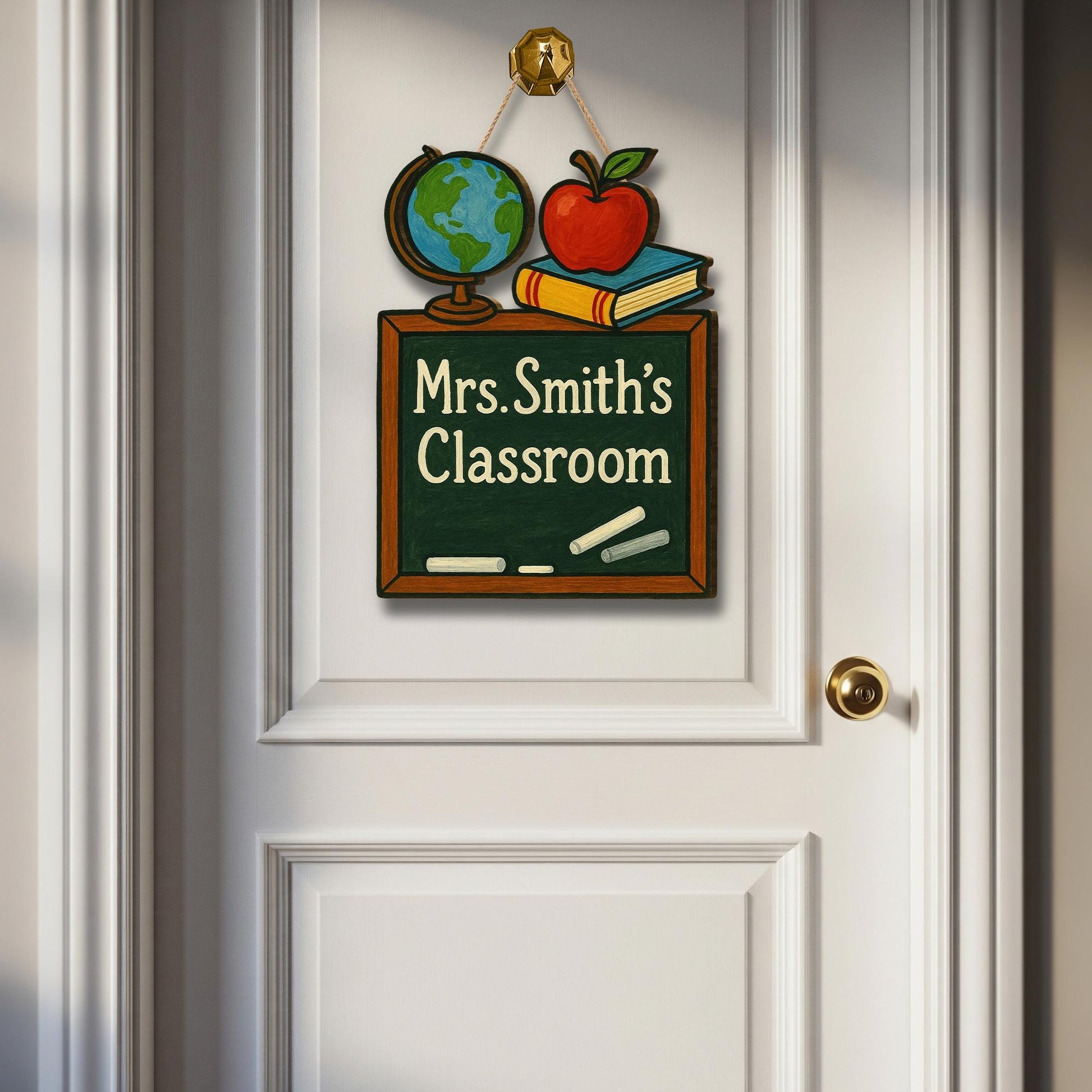 Chalkboard Classroom Door Sign, Teacher Name Sign with Globe and Apple, Back to School Decor, Personalized Wooden Classroom Sign
