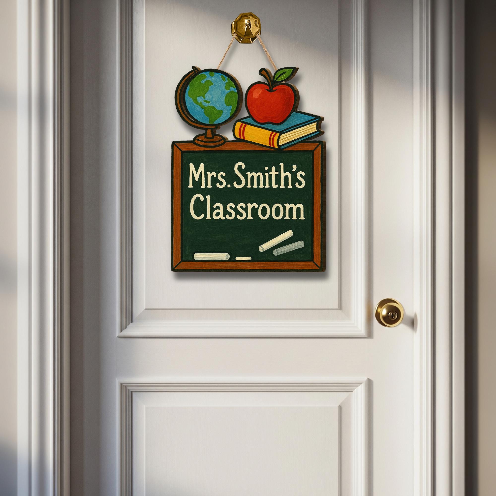 Chalkboard Classroom Door Sign, Teacher Name Sign with Globe and Apple, Back to School Decor, Personalized Wooden Classroom Sign
