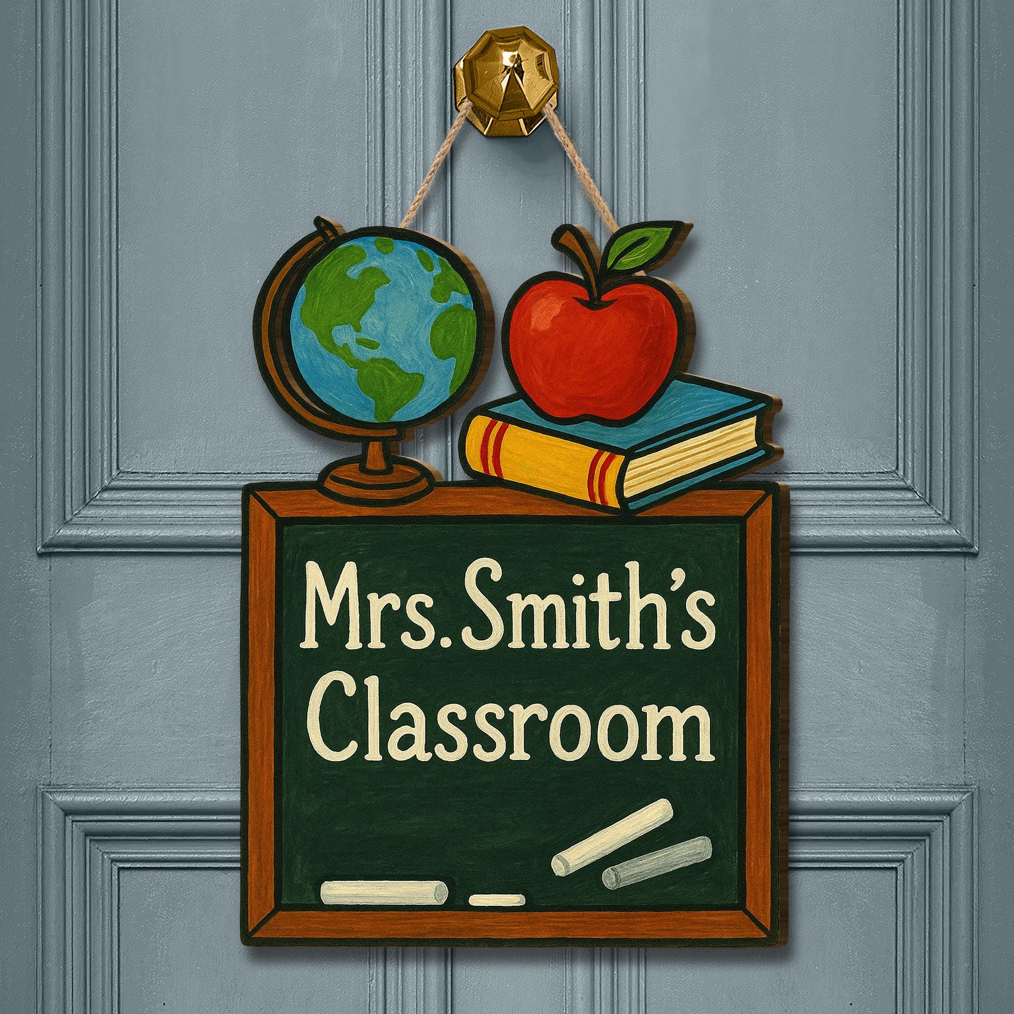 Chalkboard Classroom Door Sign, Teacher Name Sign with Globe and Apple, Back to School Decor, Personalized Wooden Classroom Sign