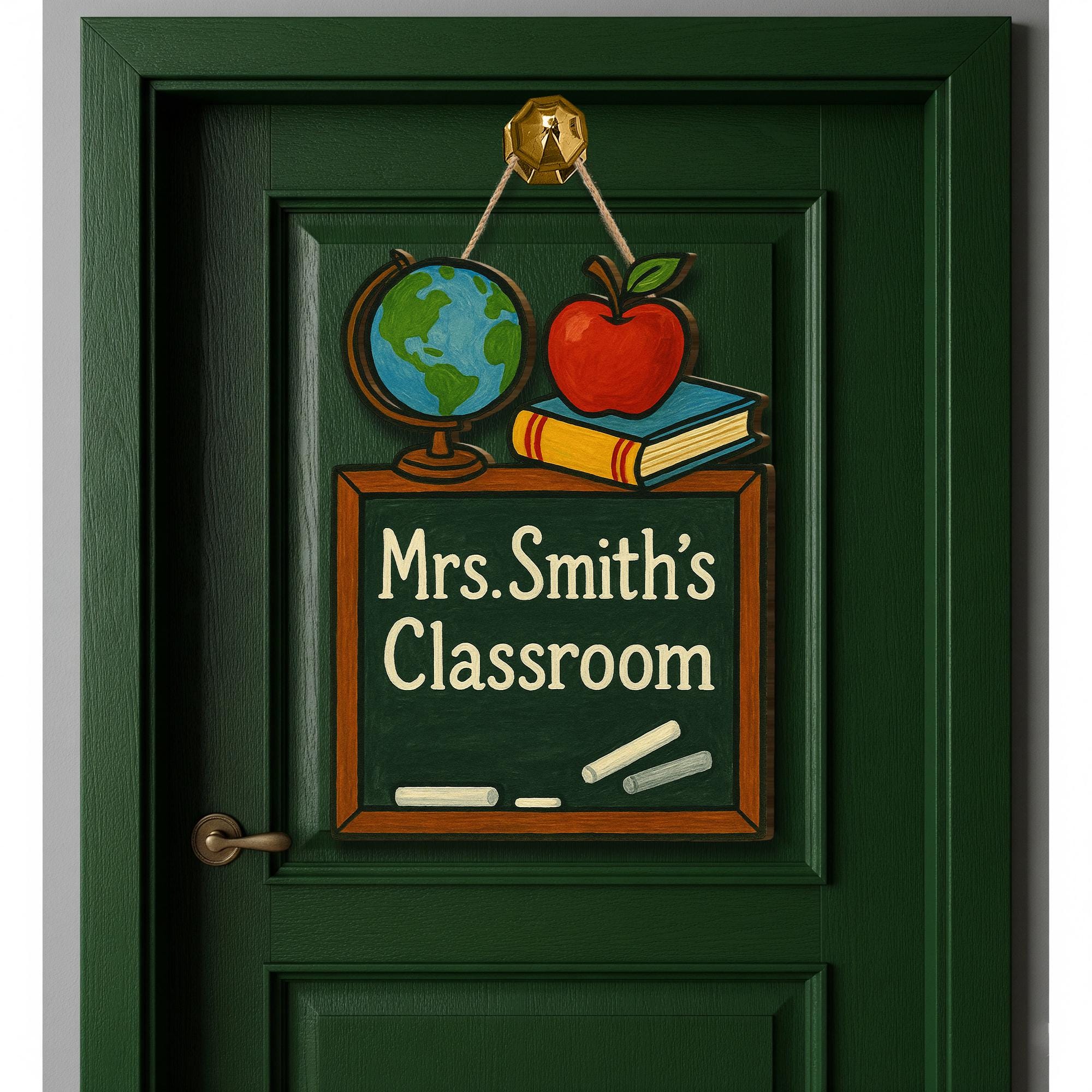 Chalkboard Classroom Door Sign, Teacher Name Sign with Globe and Apple, Back to School Decor, Personalized Wooden Classroom Sign