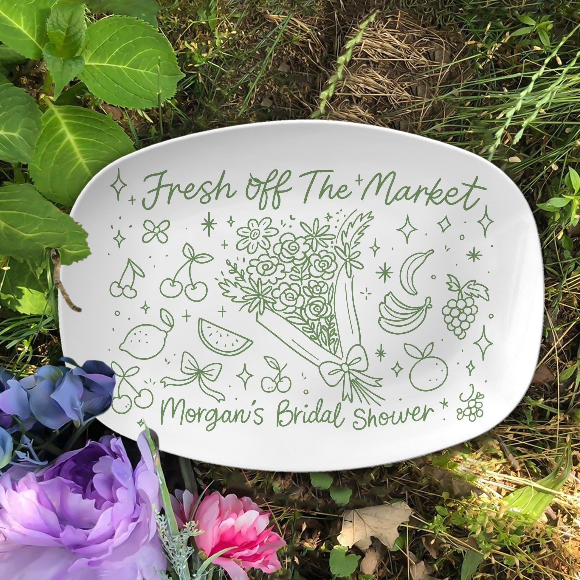 Fresh Off The Market Bridal Shower Platter, Custom Wedding Gift Dish, Personalized Fruit Theme Plate, Funny Engagement Keepsake DECOR ONLY