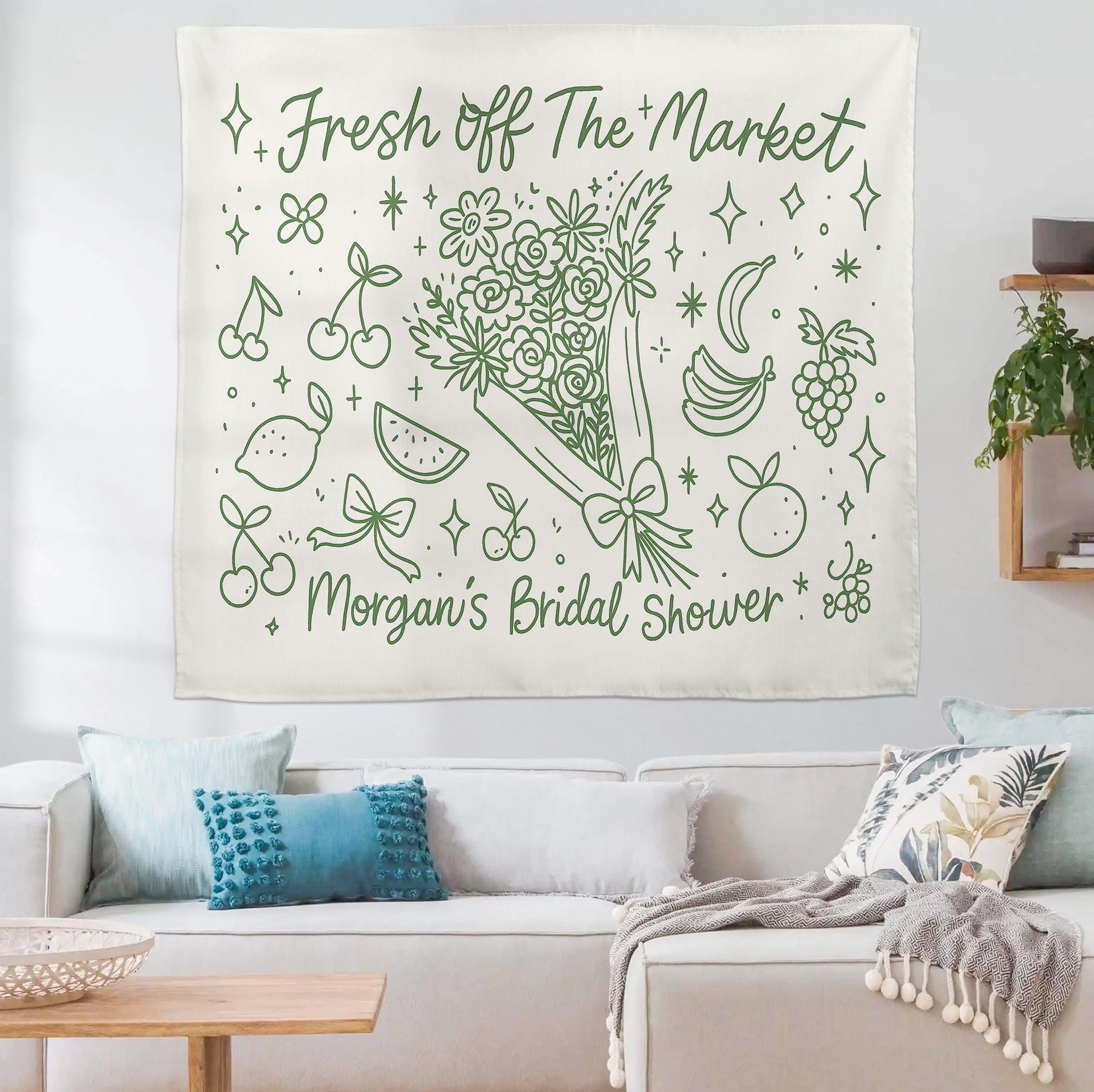 Fresh Off The Market Bridal Shower Tapestry, Fruit Theme Wall Banner, Custom Name Wedding Decor, Funny Engagement Party Sign