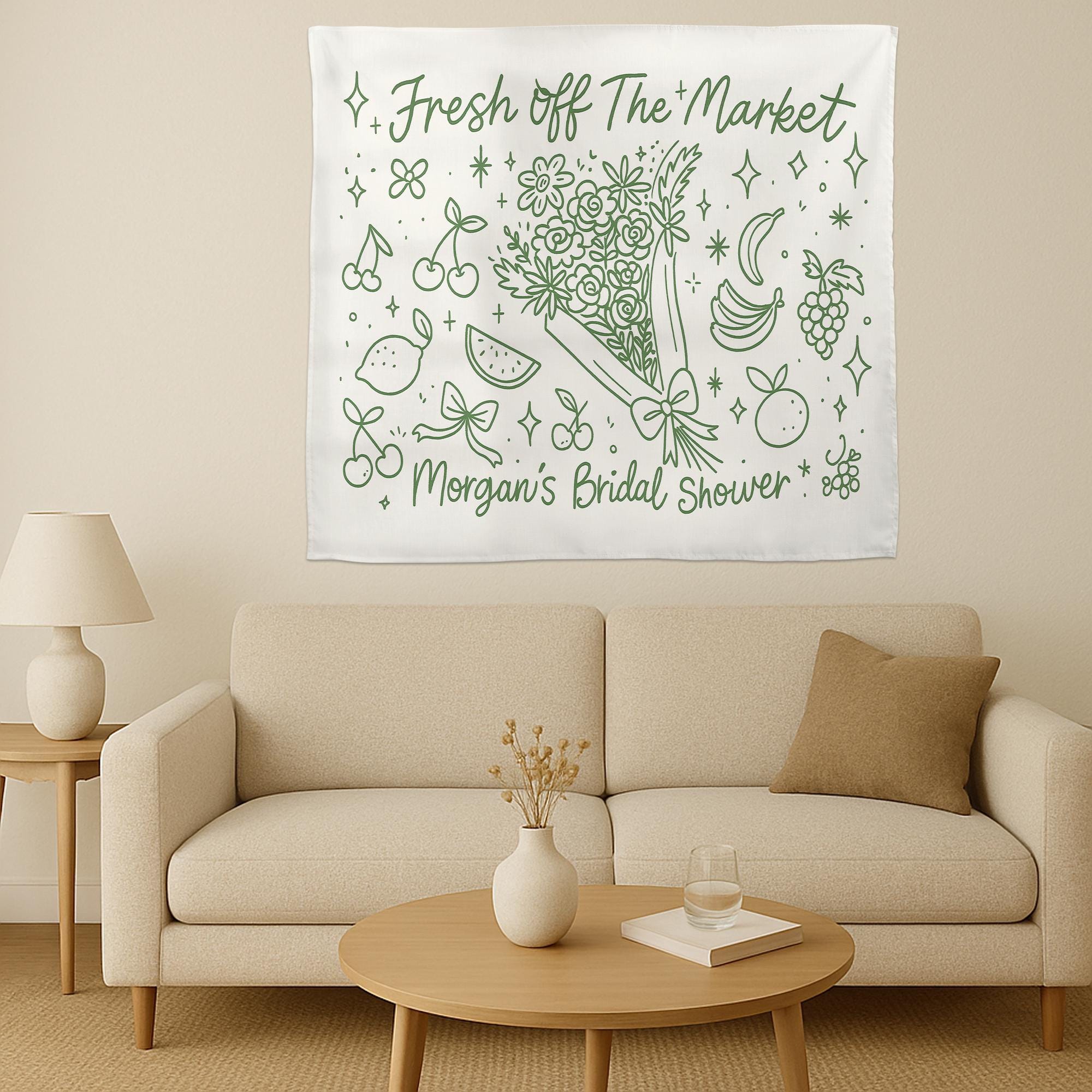 Fresh Off The Market Bridal Shower Tapestry, Fruit Theme Wall Banner, Custom Name Wedding Decor, Funny Engagement Party Sign