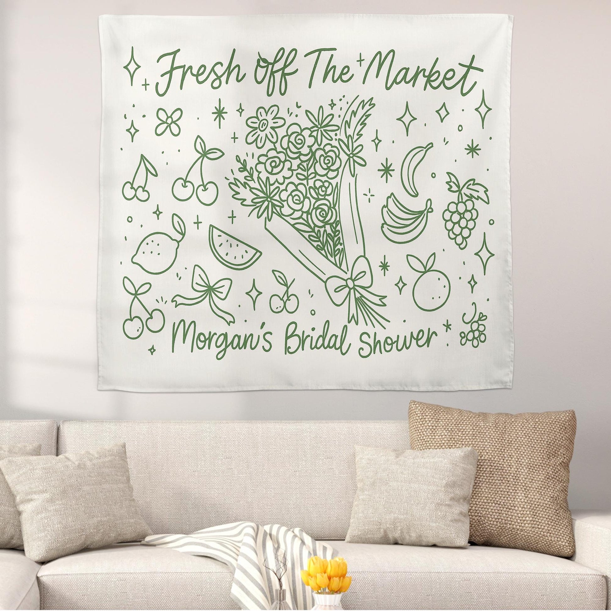 Fresh Off The Market Bridal Shower Tapestry, Fruit Theme Wall Banner, Custom Name Wedding Decor, Funny Engagement Party Sign