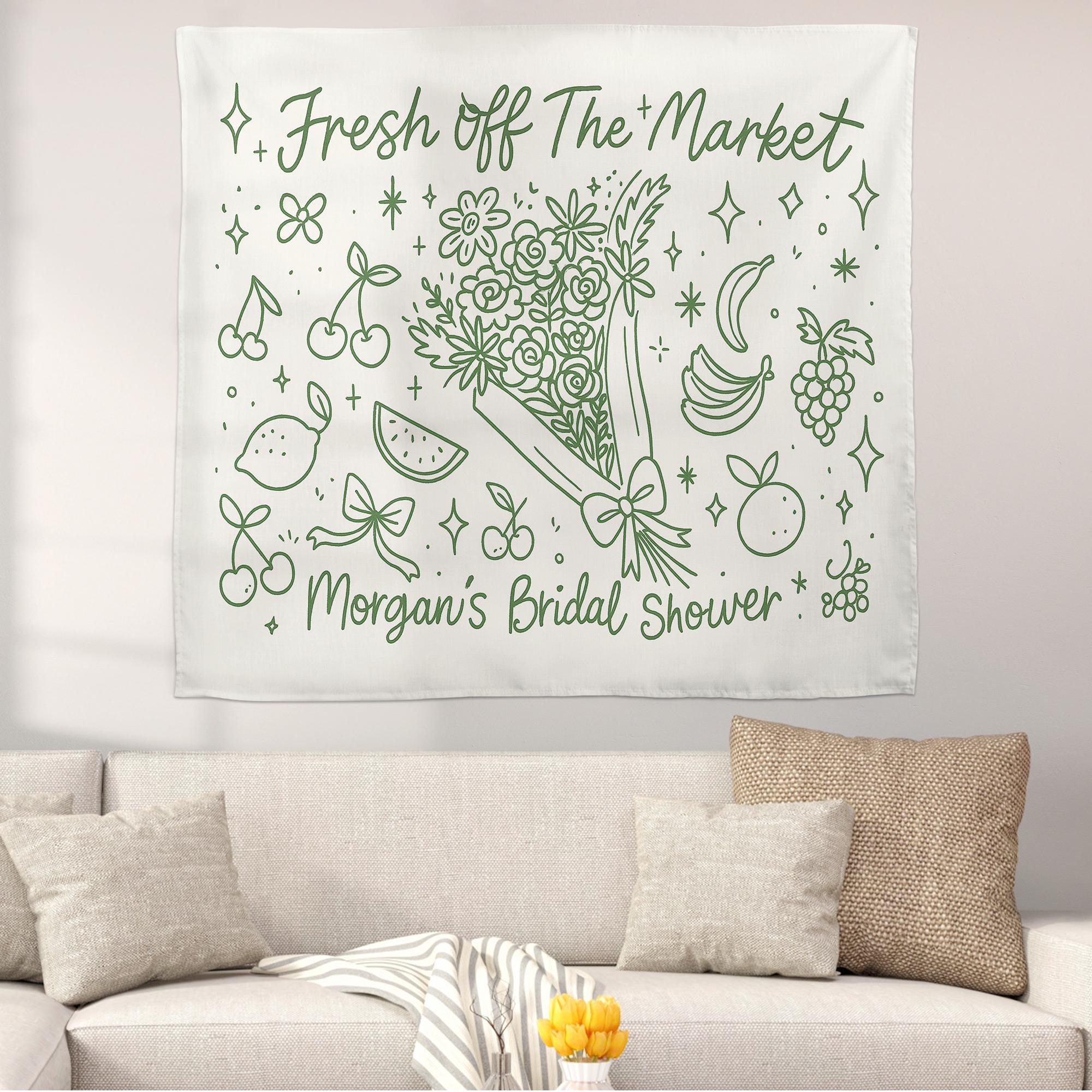 Fresh Off The Market Bridal Shower Tapestry, Fruit Theme Wall Banner, Custom Name Wedding Decor, Funny Engagement Party Sign