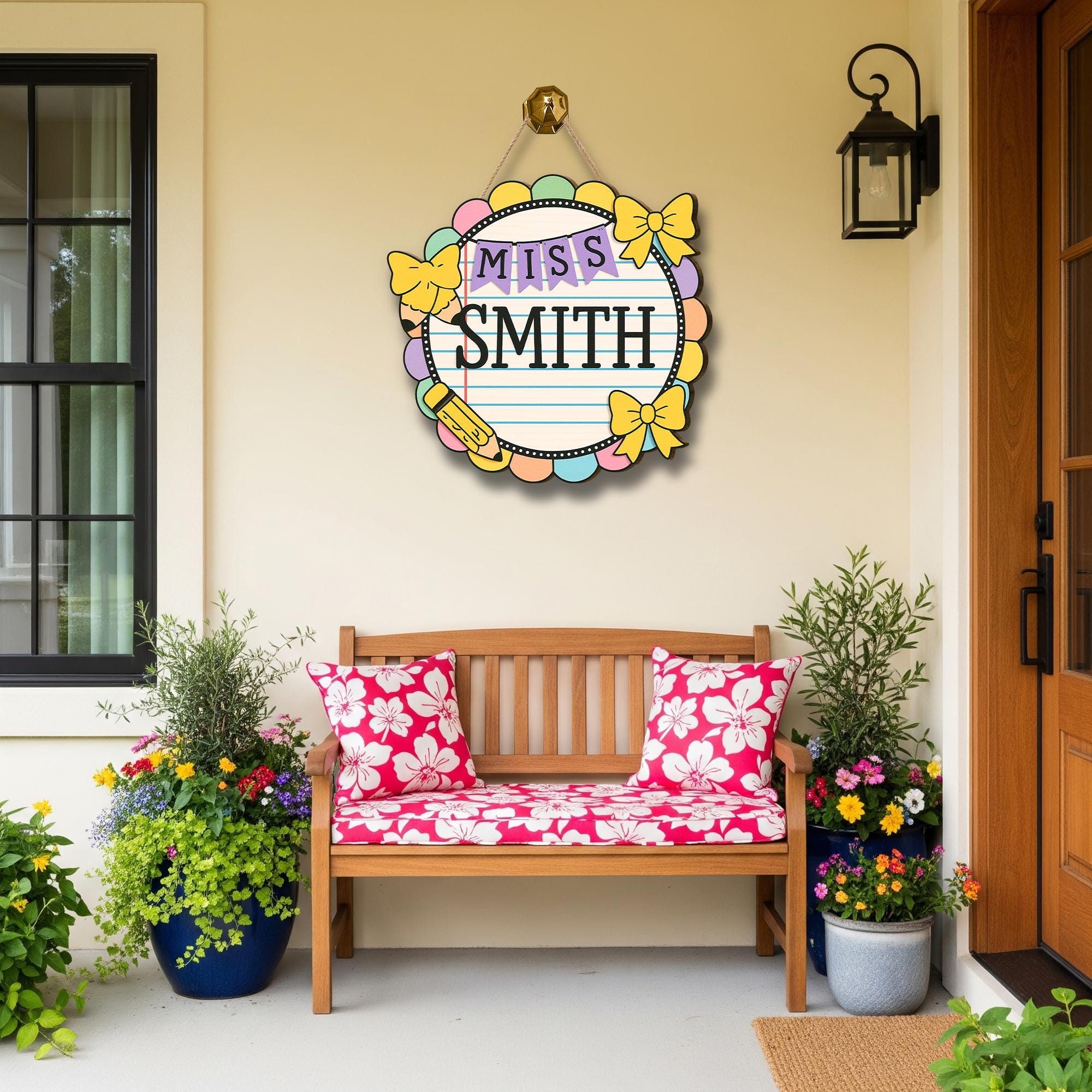 Pastel Teacher Door Sign, Personalized Classroom Sign with Bows and Pencil, Cute School Decor, Custom Wood Sign for Teachers