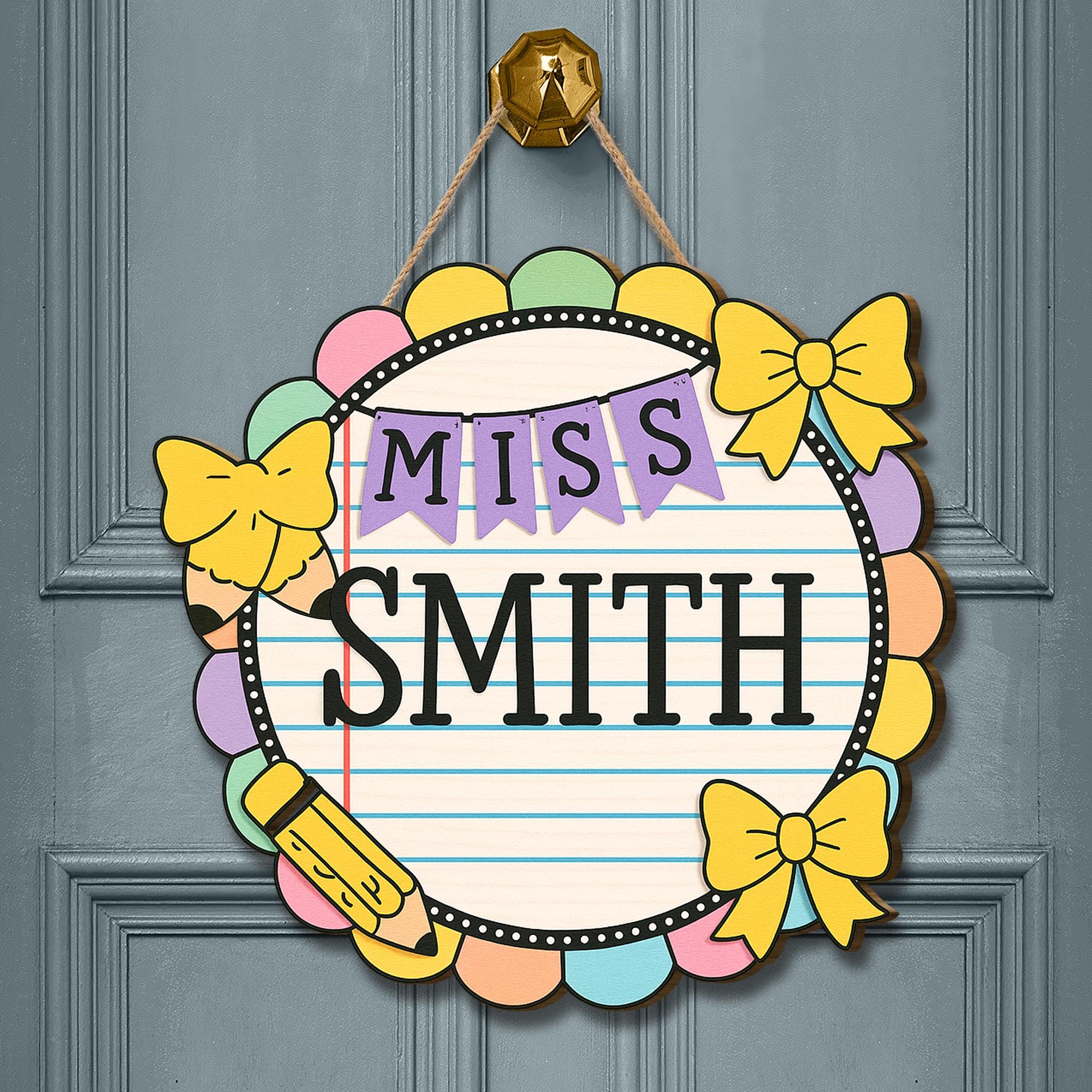 Pastel Teacher Door Sign, Personalized Classroom Sign with Bows and Pencil, Cute School Decor, Custom Wood Sign for Teachers