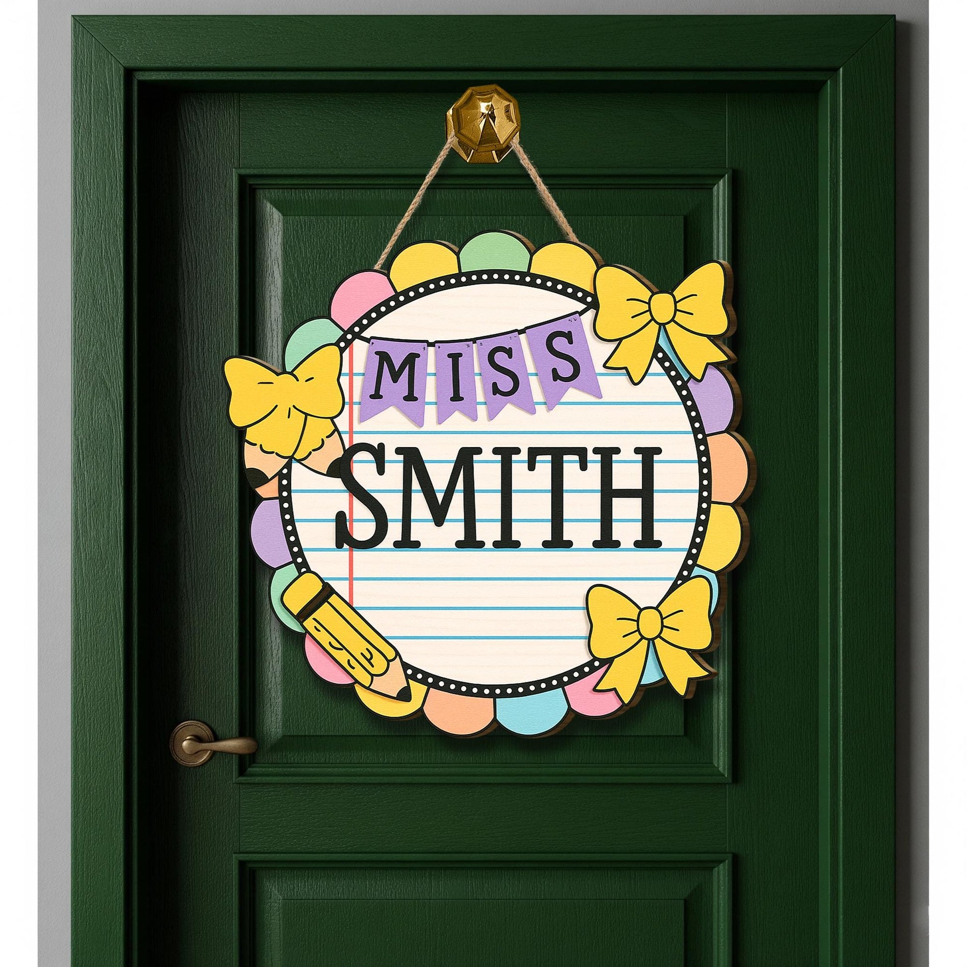 Pastel Teacher Door Sign, Personalized Classroom Sign with Bows and Pencil, Cute School Decor, Custom Wood Sign for Teachers