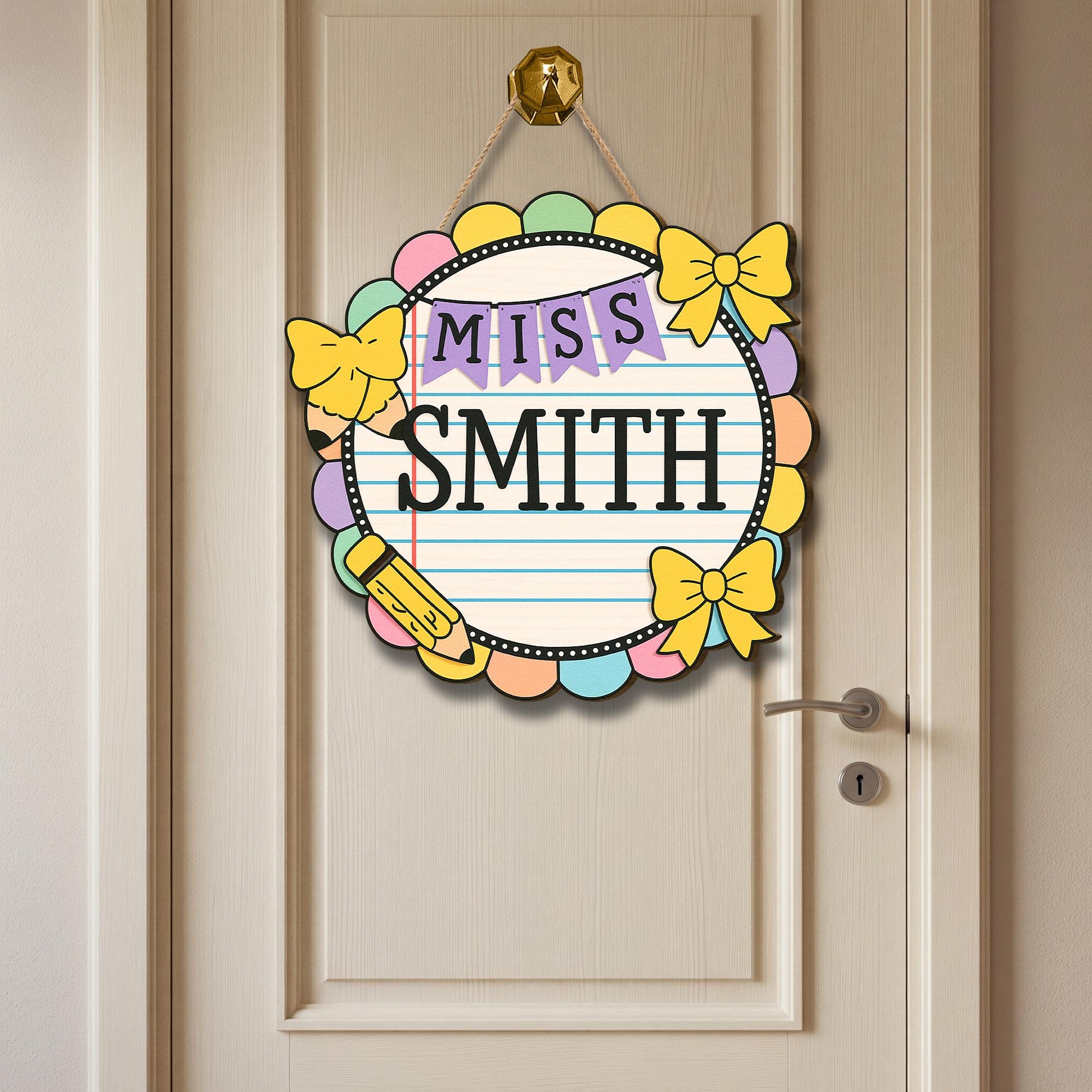 Pastel Teacher Door Sign, Personalized Classroom Sign with Bows and Pencil, Cute School Decor, Custom Wood Sign for Teachers