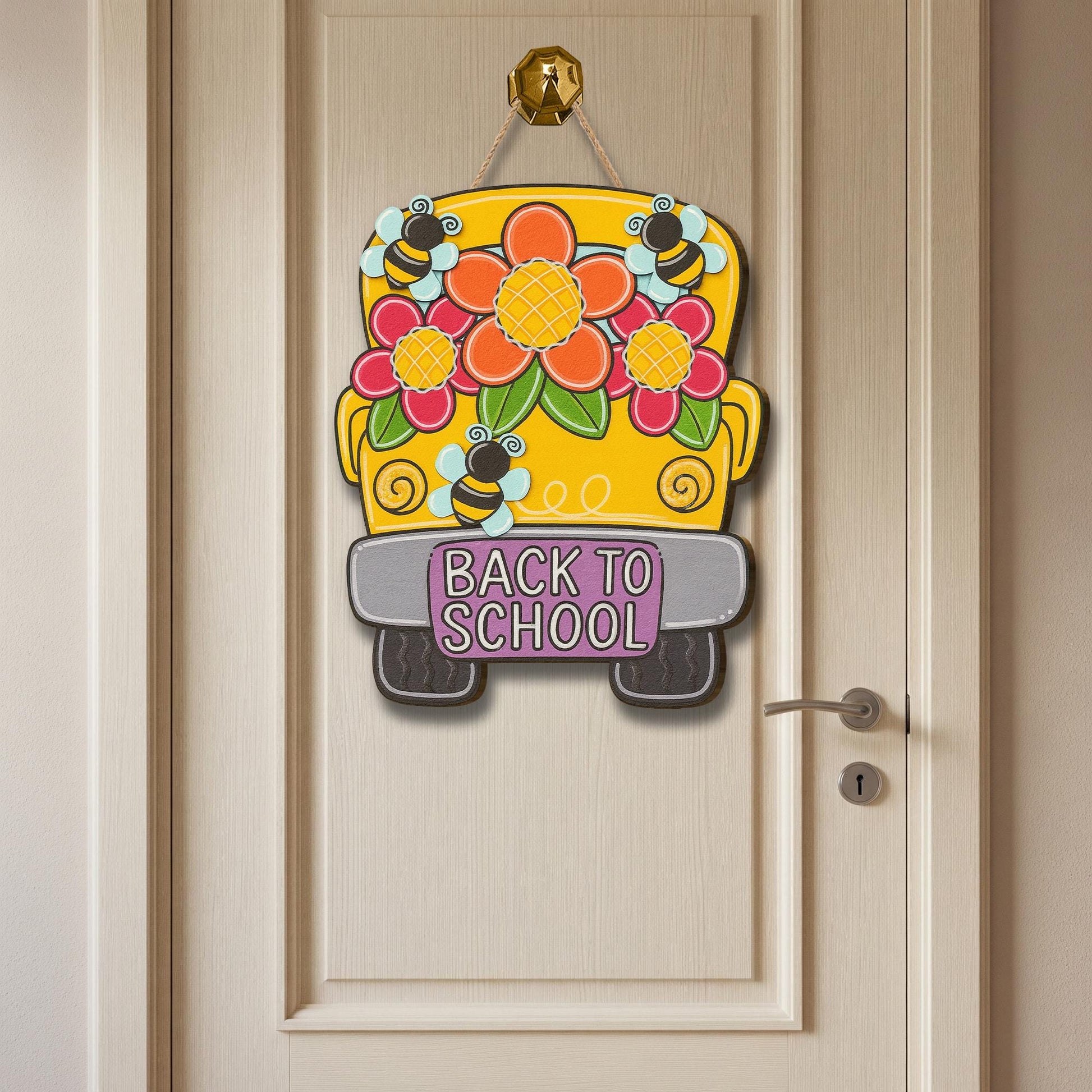 Back to School Door Sign, Yellow Bus Classroom Decor with Bees and Flowers, Teacher Welcome Sign, First Day of School Gift