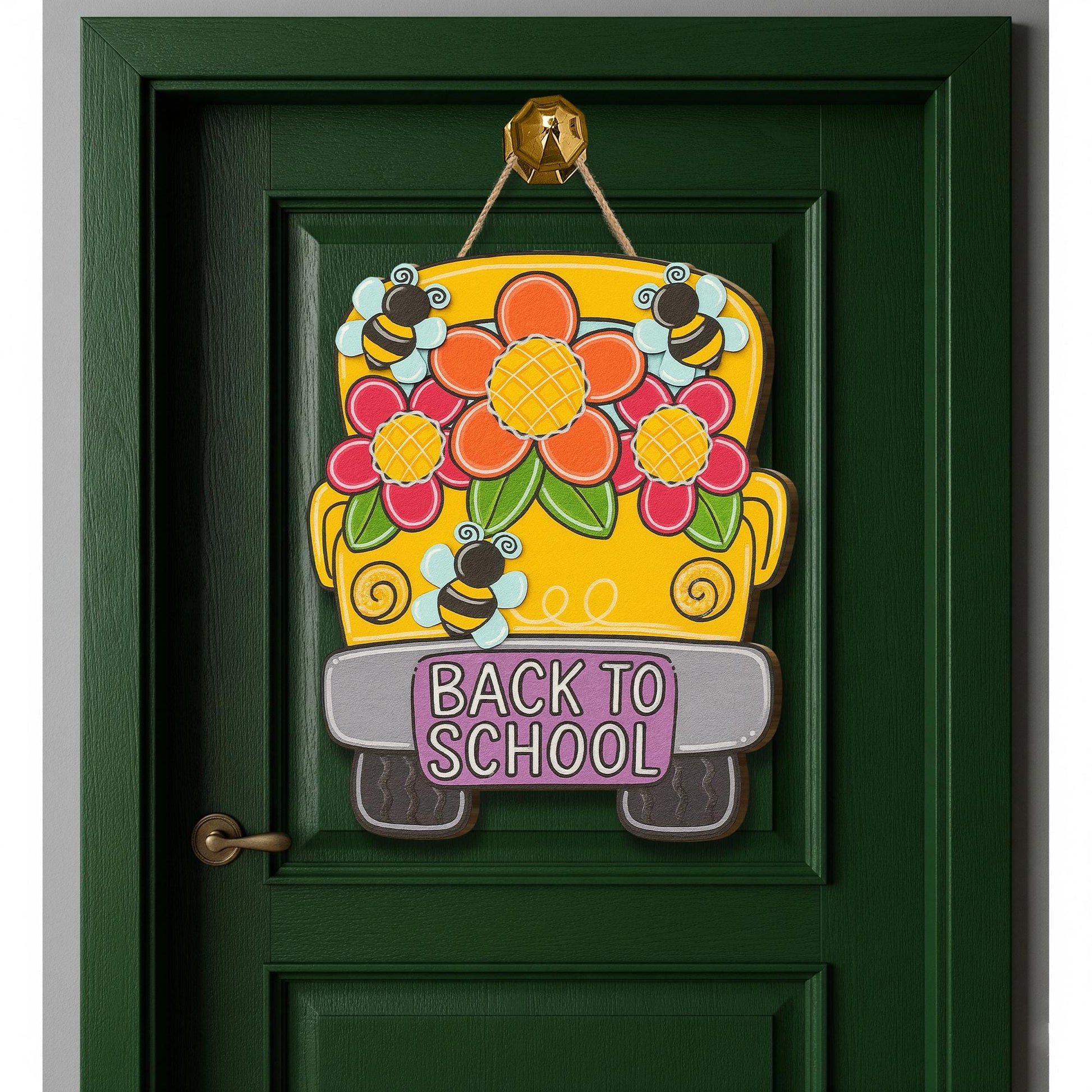 Back to School Door Sign, Yellow Bus Classroom Decor with Bees and Flowers, Teacher Welcome Sign, First Day of School Gift
